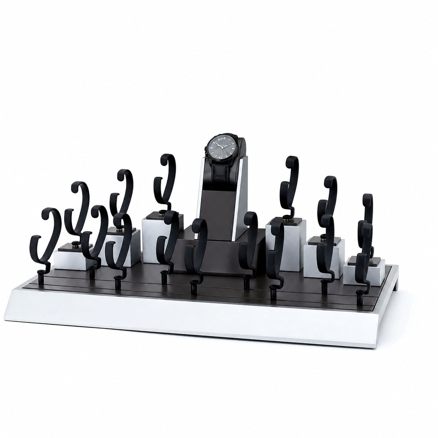Custom Black White Tiered Watch Holder Set without the backboard for configuration review