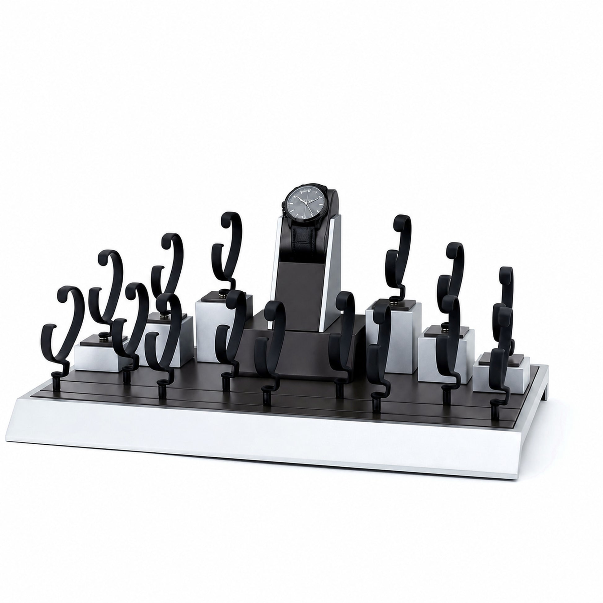Custom Black White Tiered Watch Holder Set without the backboard for configuration review