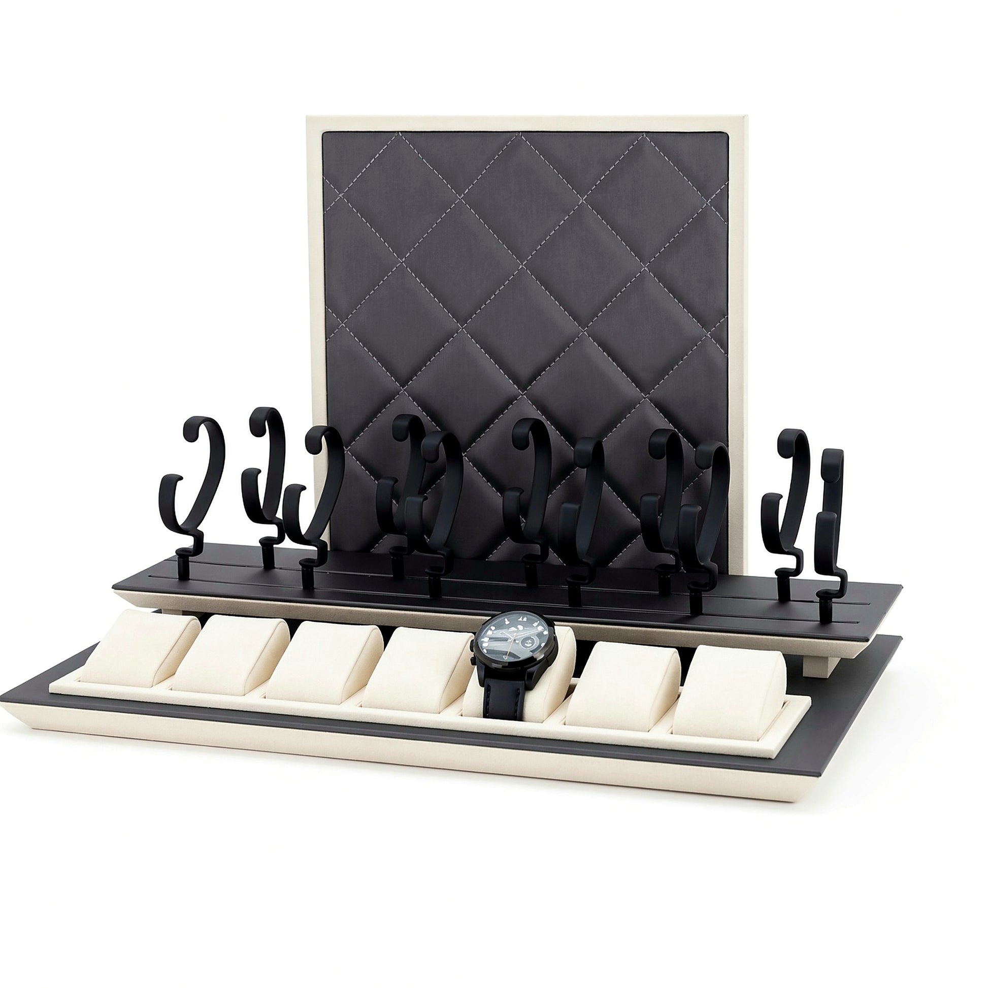 Custom Black White Watch Hook Display Tray with the full backboard for configuration review