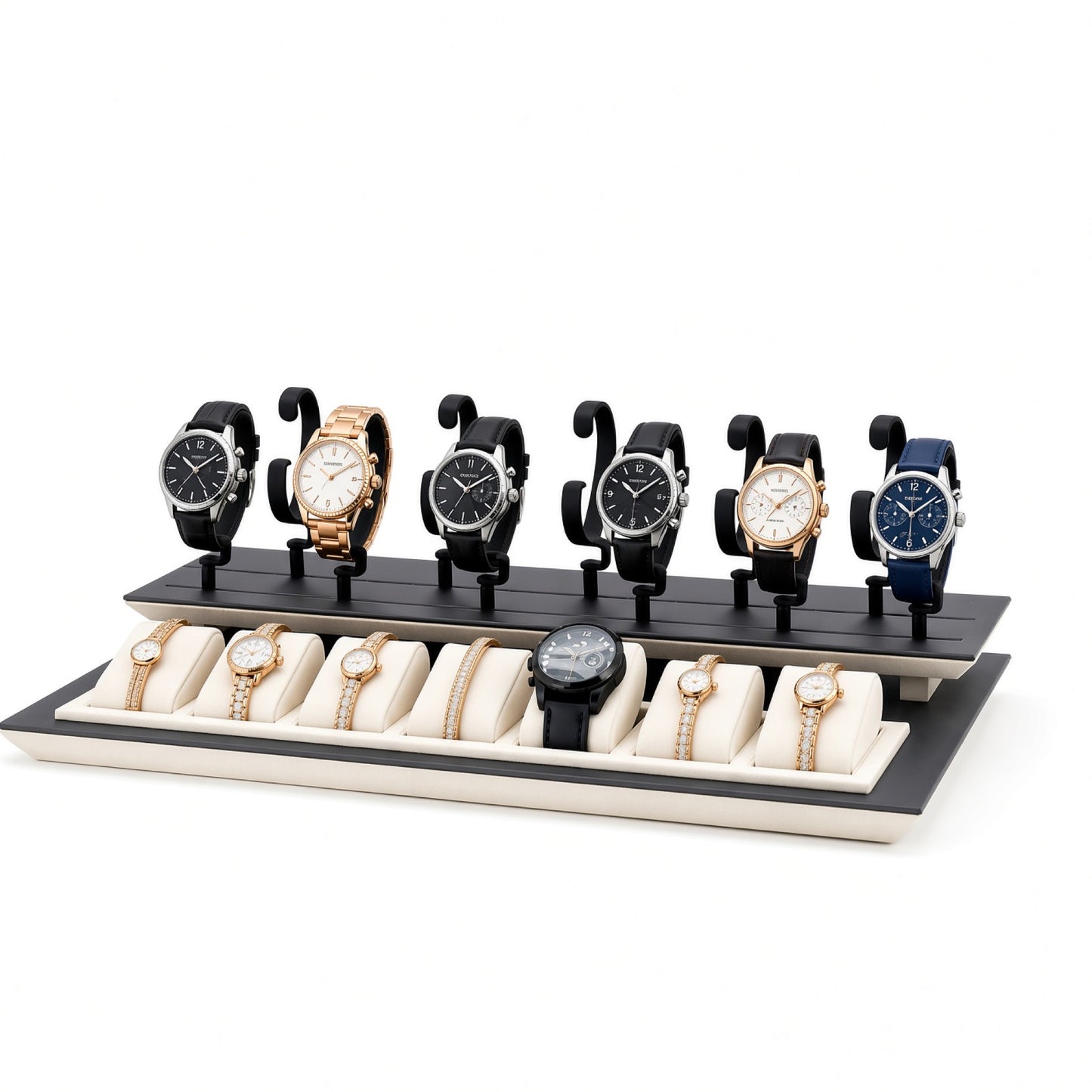 Custom Black White Watch Hook Display Tray without the backboard, styled with watches and jewelry