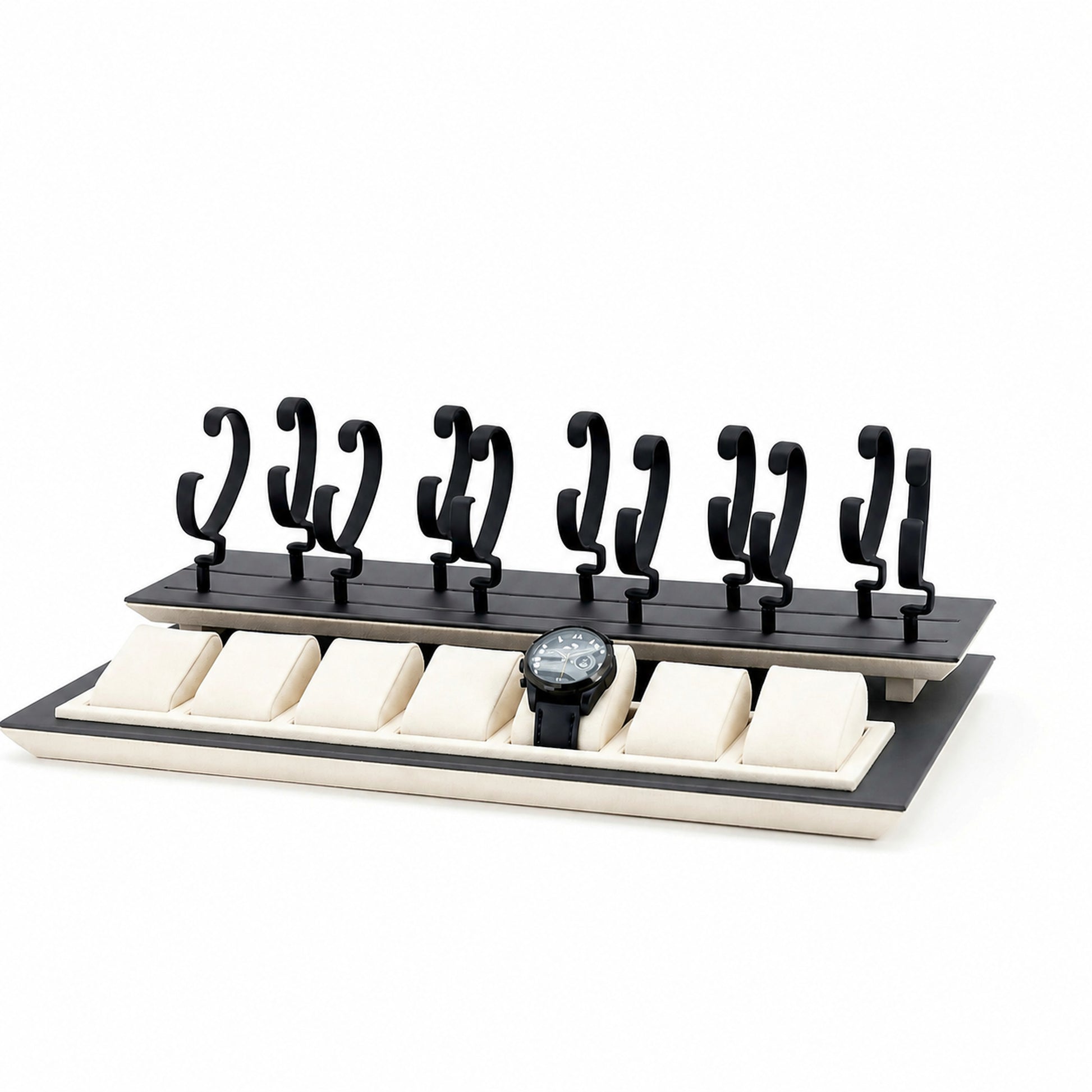 Custom Black White Watch Hook Display Tray without the backboard for configuration review