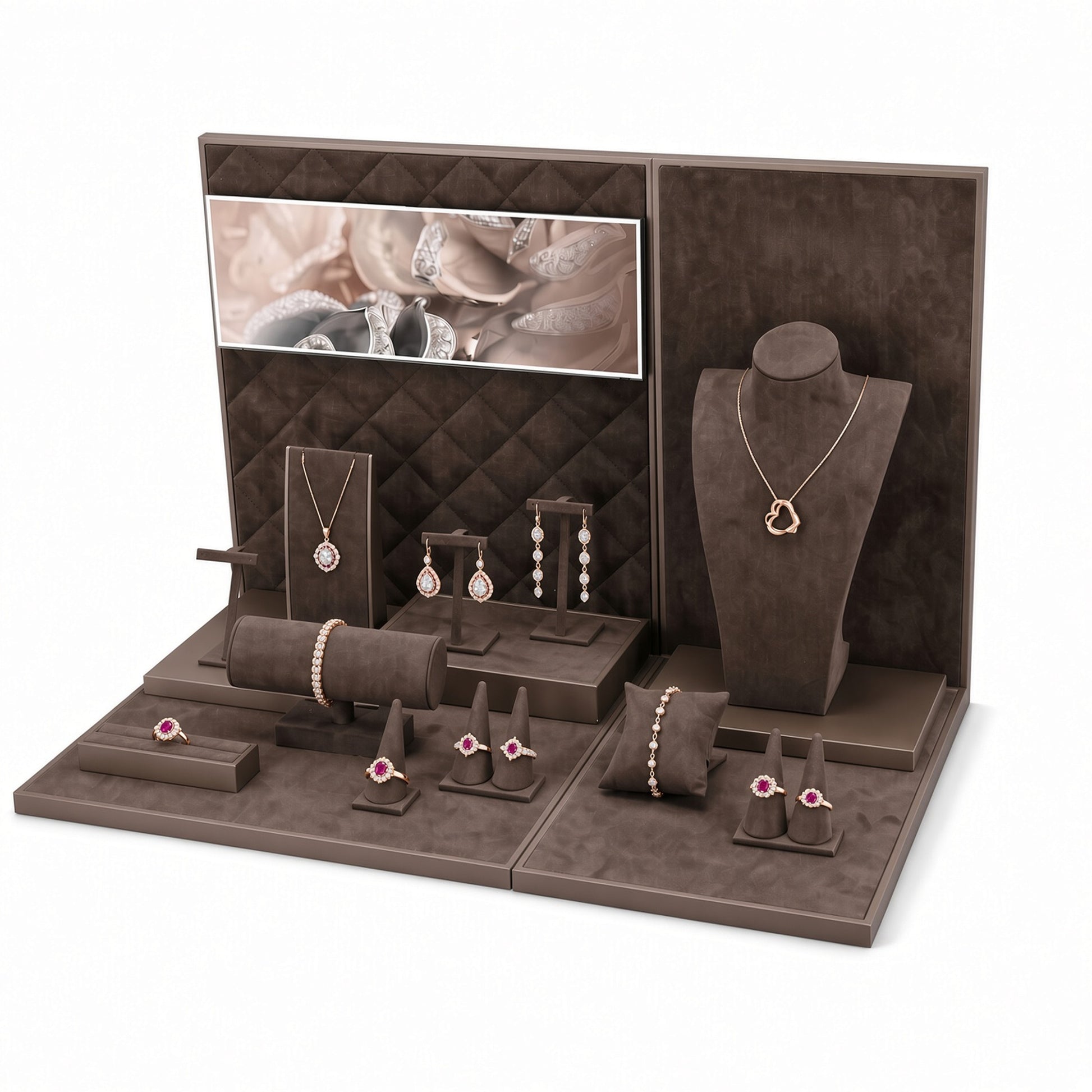 Custom Brown Quilted-Backdrop Jewelry Showcase Set with the full backdrop, styled with assorted necklaces, earrings, rings and bracelets