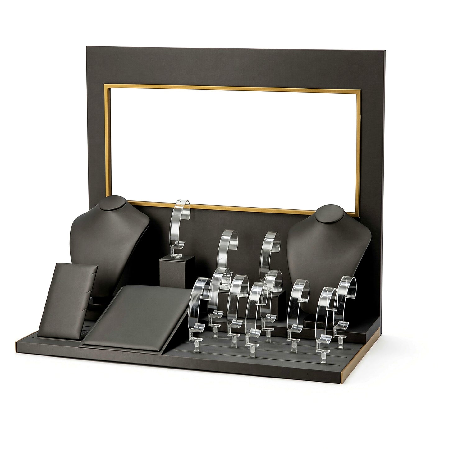 Custom Charcoal Bust and Watch Display Counter Set with the full backboard for configuration review