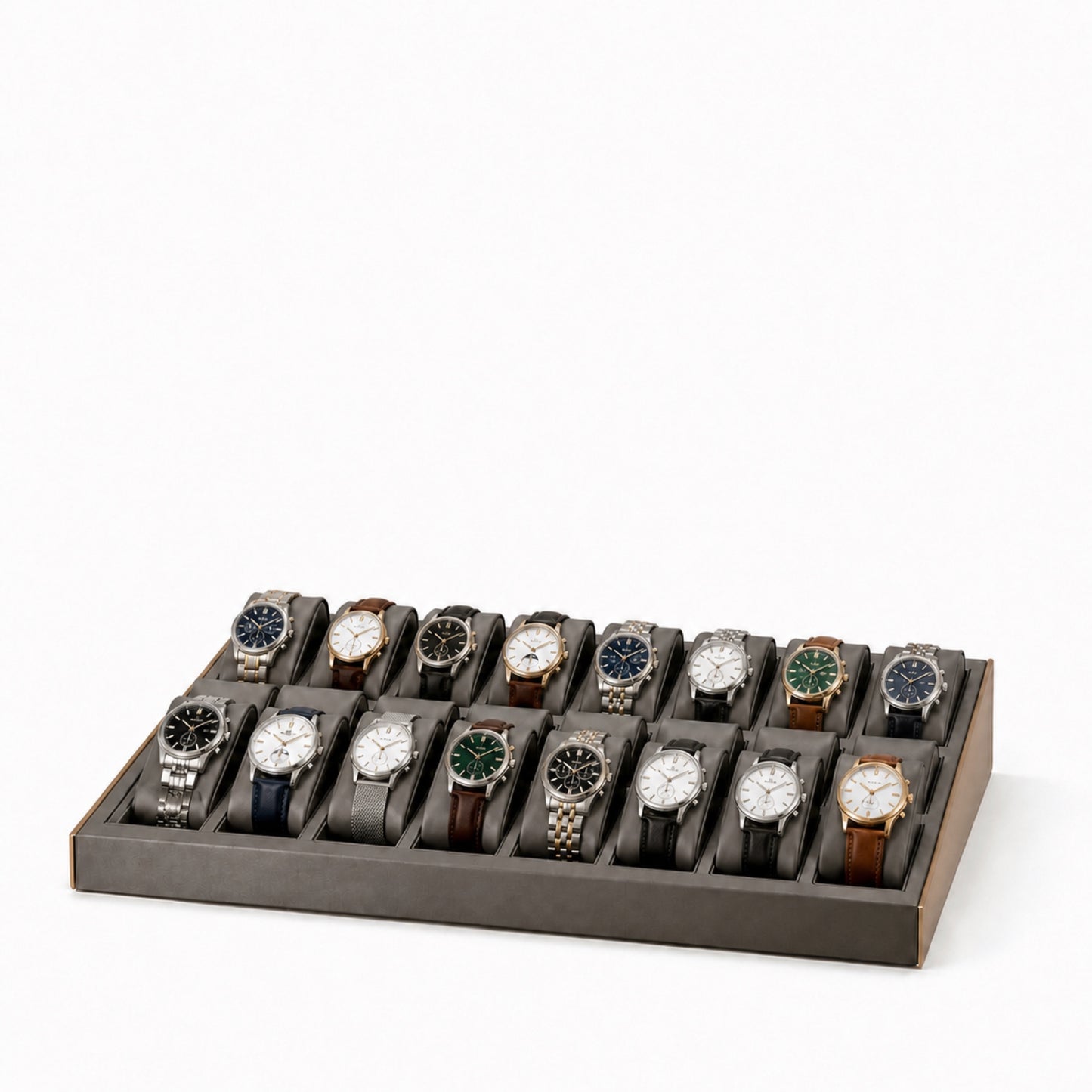Custom Charcoal Bust and Watch Display Counter Set without the backboard, styled with watches and jewelry