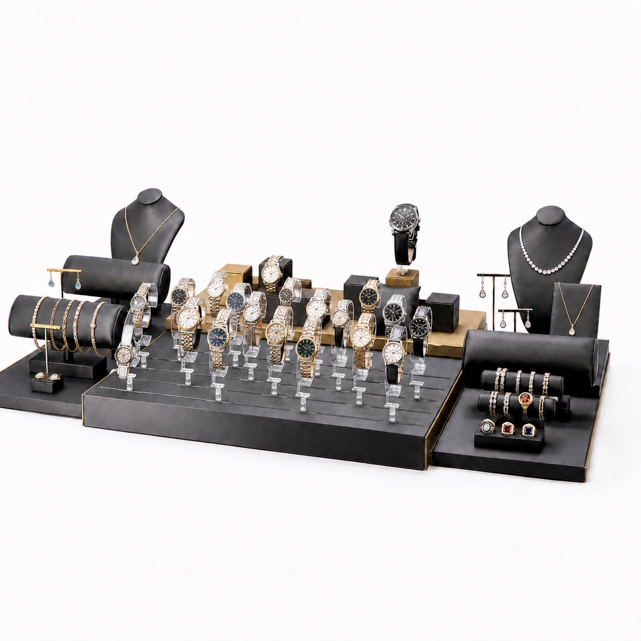 Custom Charcoal Gold Showcase Watch Display Set without the backboard, styled with watches and jewelry