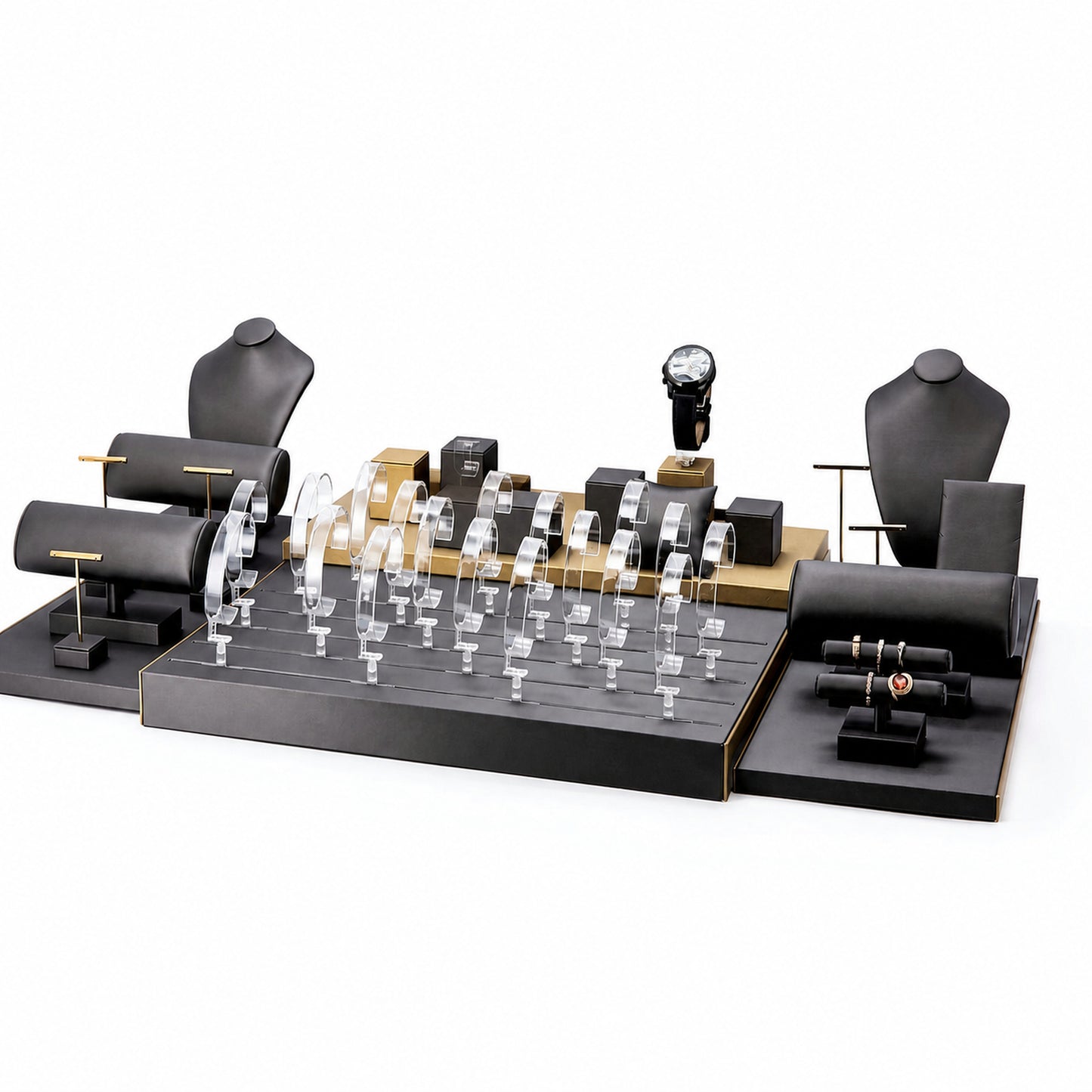 Custom Charcoal Gold Showcase Watch Display Set without the backboard for configuration review