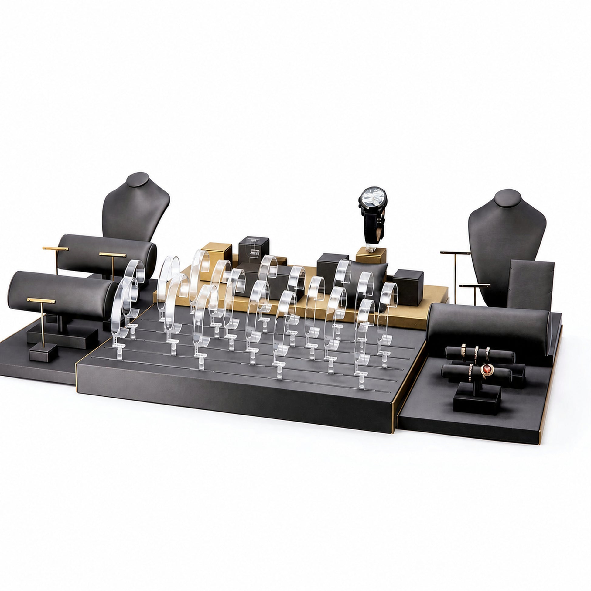 Custom Charcoal Gold Showcase Watch Display Set without the backboard for configuration review