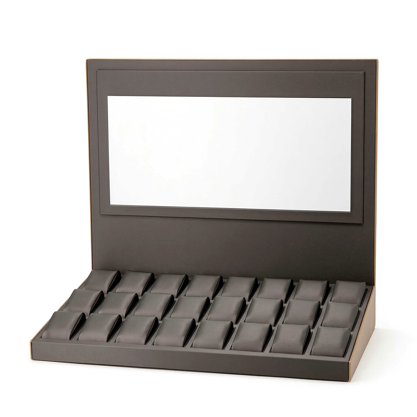 Custom Charcoal Modular Ring and Jewelry Display Tray Set with the full backboard in charcoal, white and gray, showing the complete display configuration