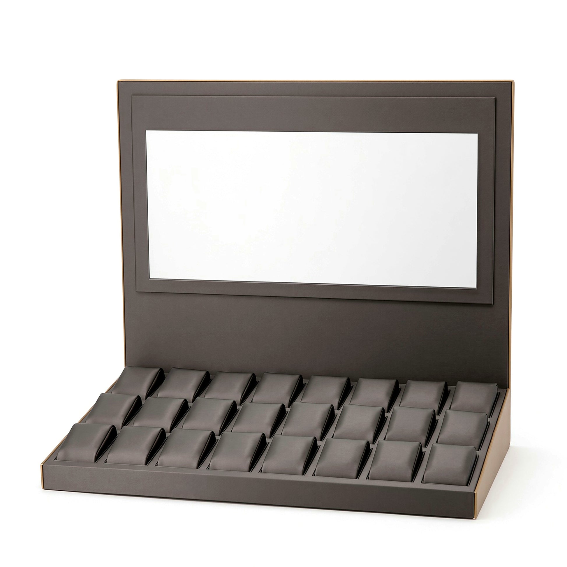 Custom Charcoal Modular Ring and Jewelry Display Tray Set with the full backboard in charcoal, white and gray, showing the complete display configuration