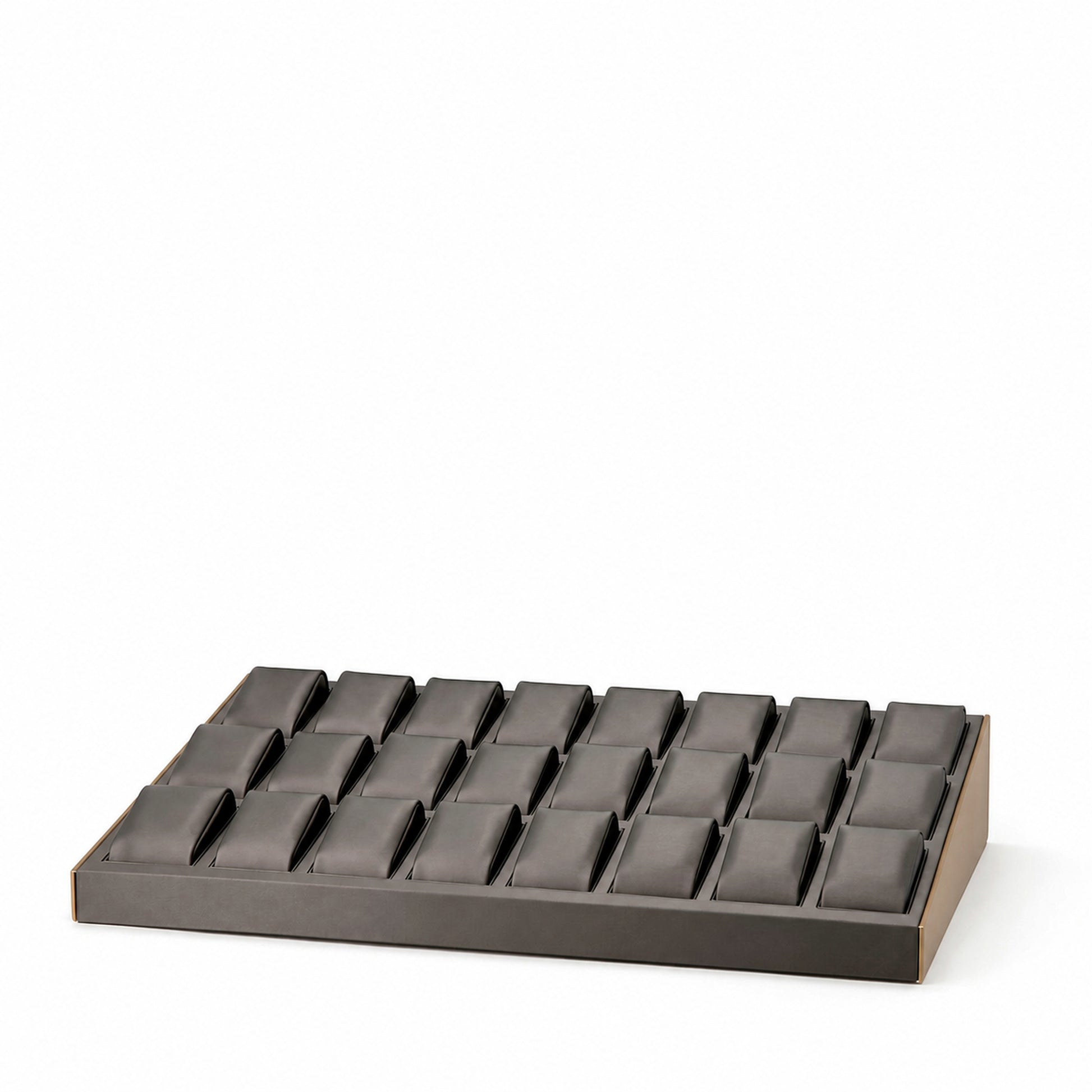 Custom Charcoal Modular Ring and Jewelry Display Tray Set without the backboard, showing a multi-slot ring tray for configuration review