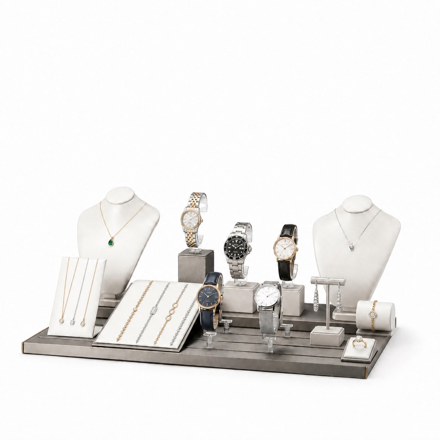 Custom Charcoal Modular Ring and Jewelry Display Tray Set without the backboard, styled with necklaces, watches, rings and compact display pieces
