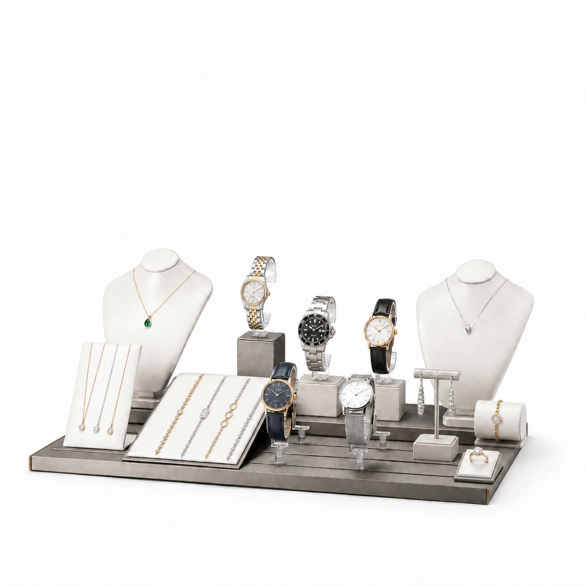 Custom Charcoal Modular Ring and Jewelry Display Tray Set without the backboard, styled with necklaces, watches, rings and compact display pieces