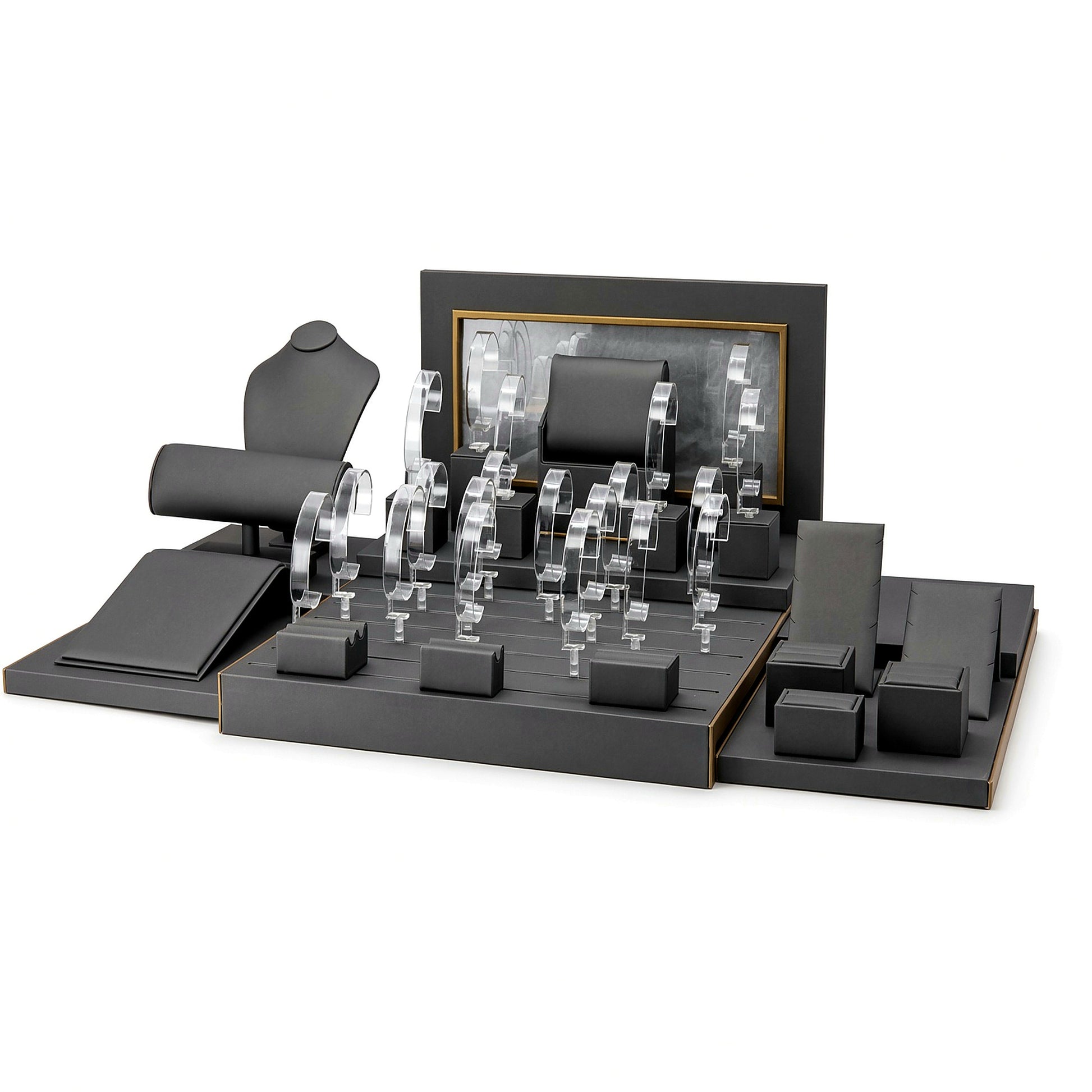 Custom Charcoal Rectangular Watch Display Set with the full backboard for configuration review