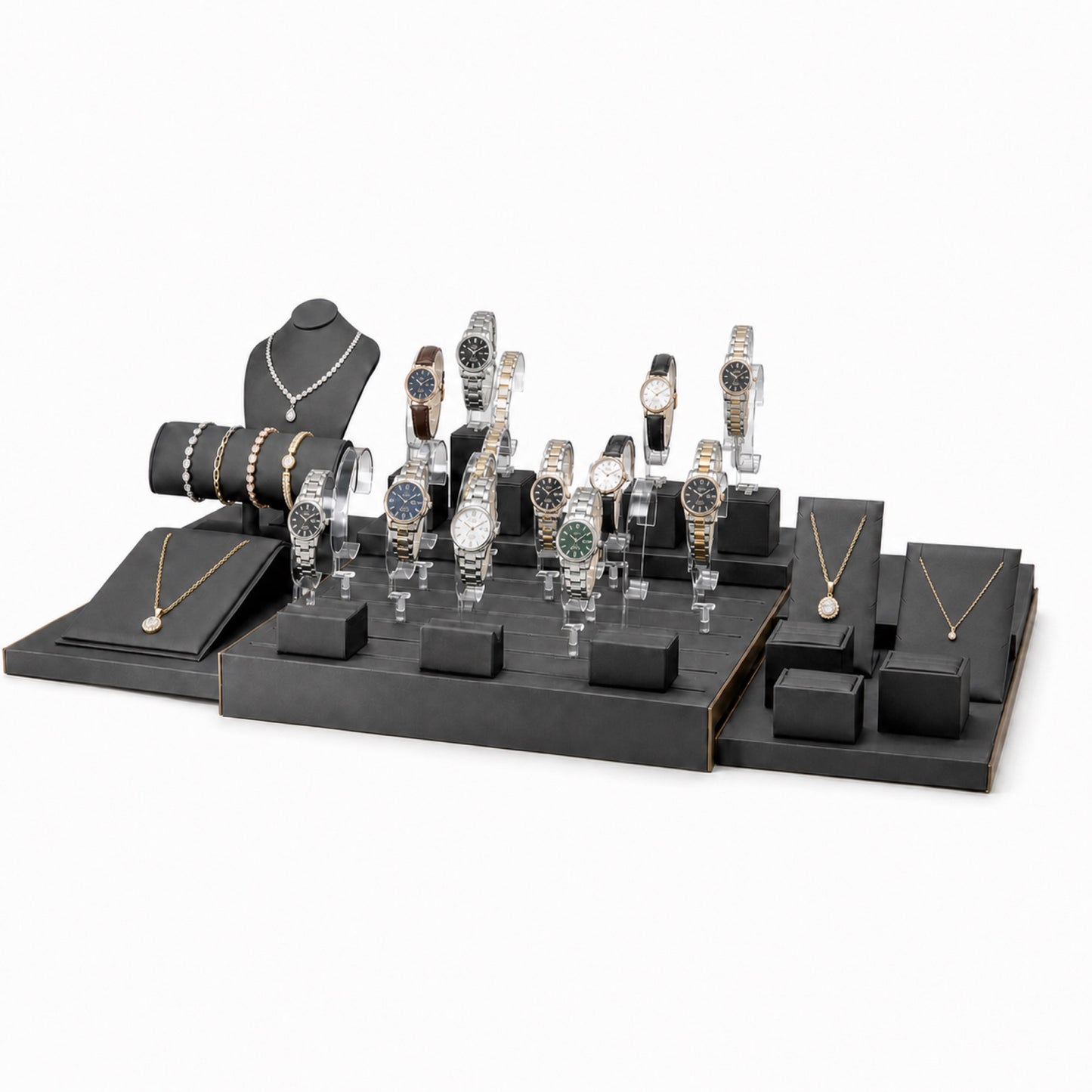 Custom Charcoal Rectangular Watch Display Set without the backboard, styled with watches and jewelry