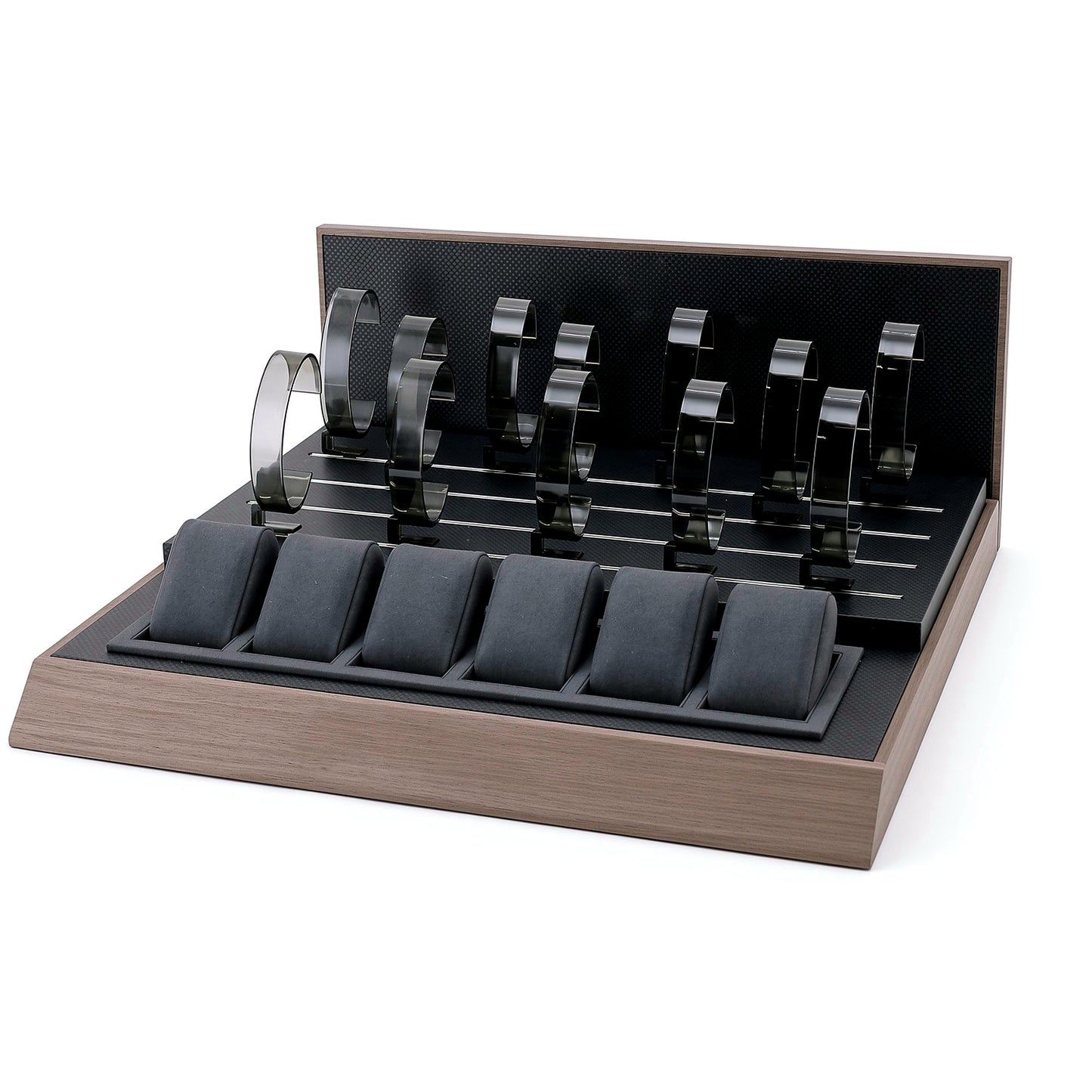 Custom Charcoal Wood Watch Holder Display Set with the full backboard for configuration review