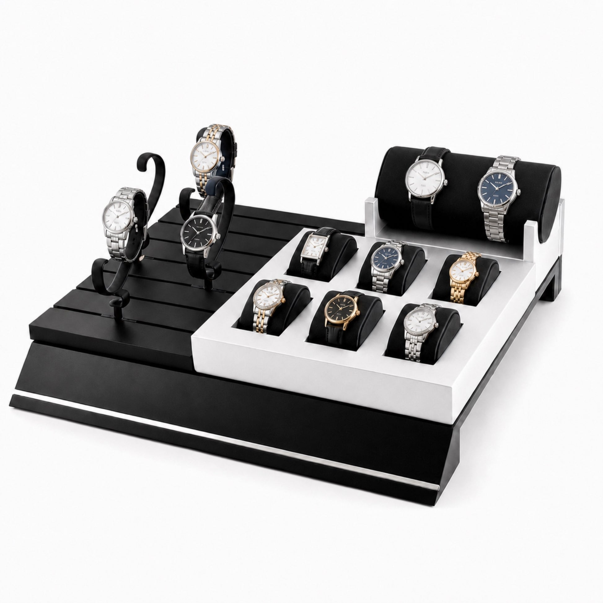 Custom Charcoal Wood Watch Holder Display Set without the backboard, styled with watches and jewelry