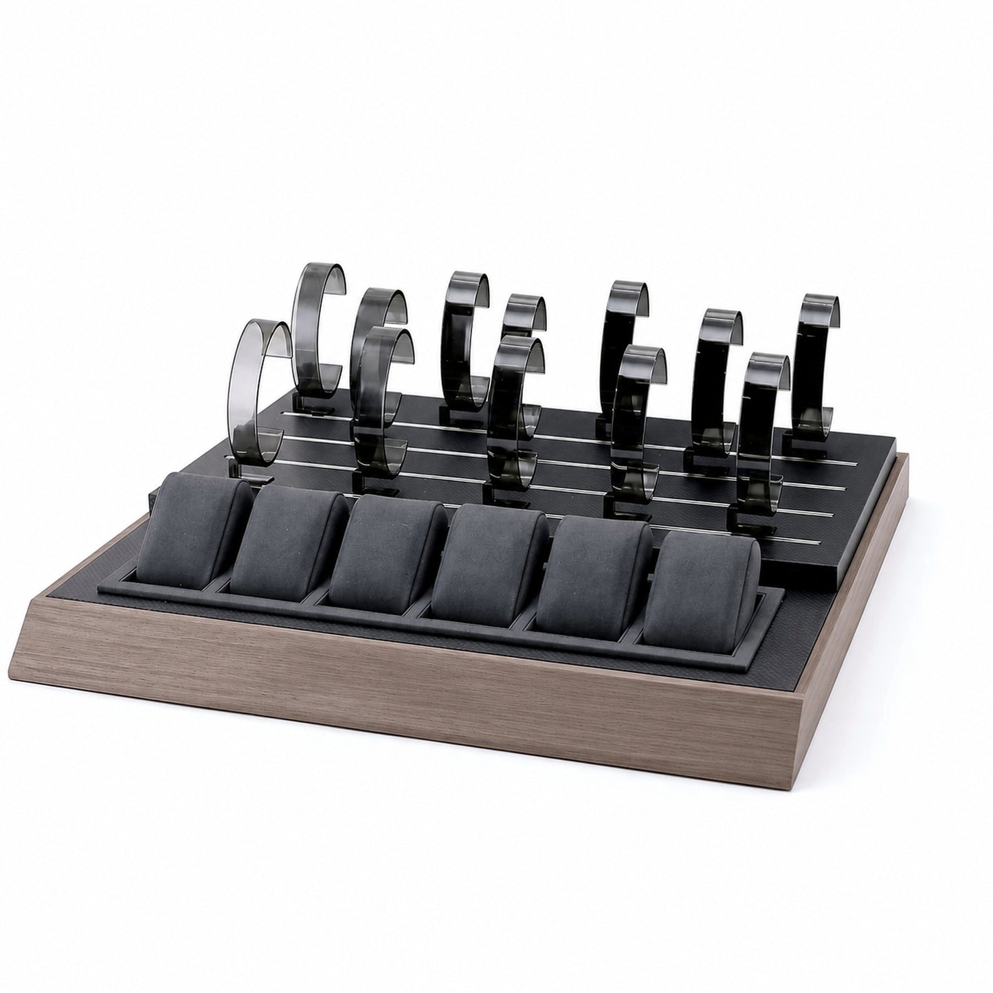 Custom Charcoal Wood Watch Holder Display Set without the backboard for configuration review