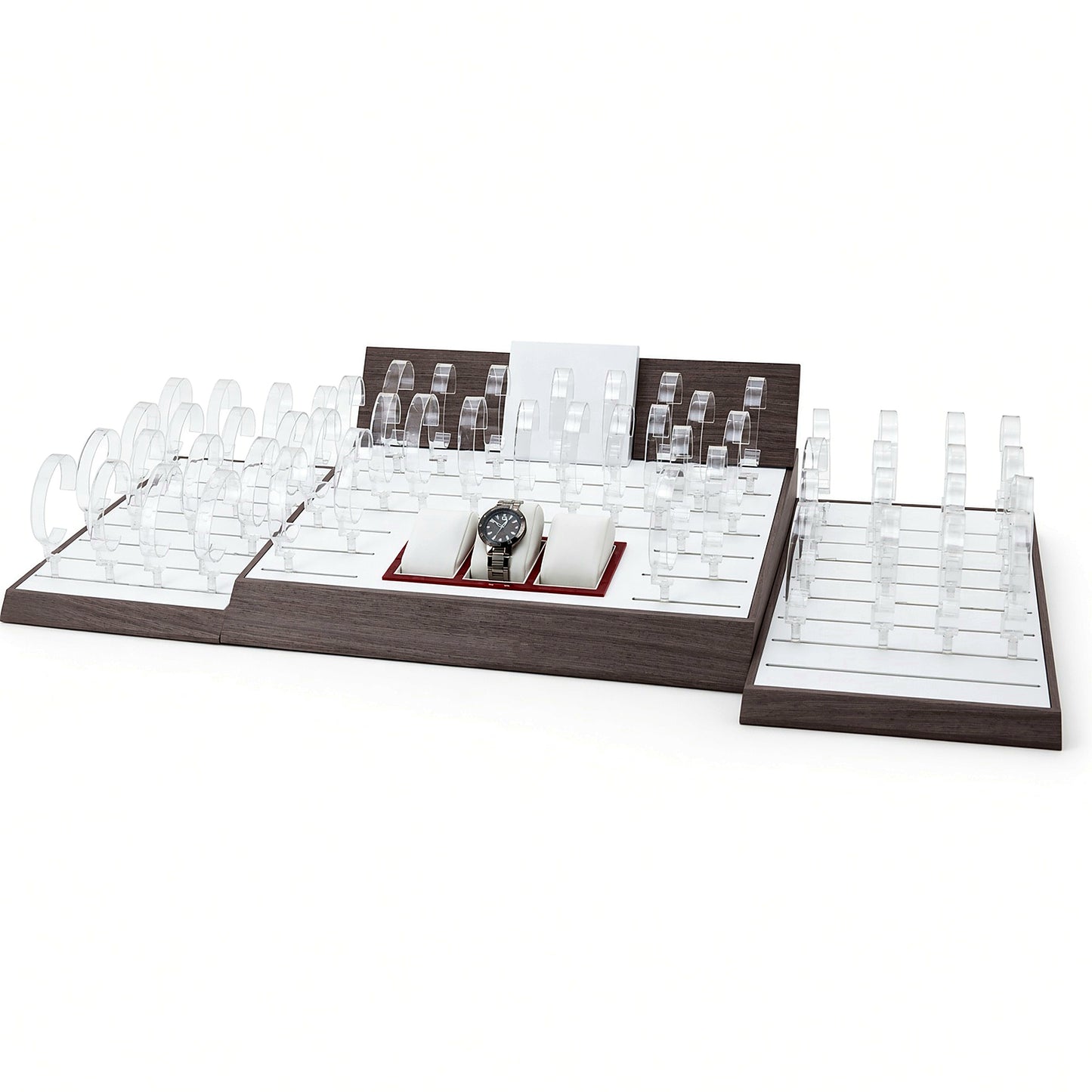 Custom Clear Acrylic Watch Tray Collection with the full backboard for configuration review