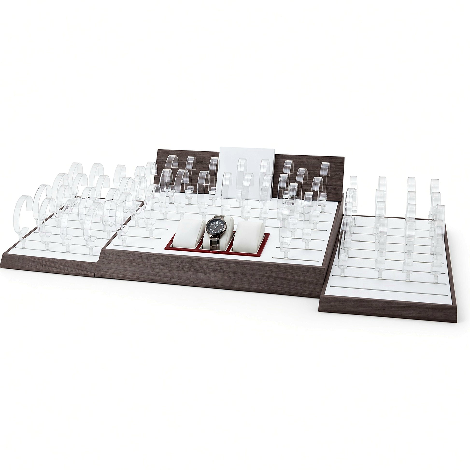 Custom Clear Acrylic Watch Tray Collection with the full backboard for configuration review