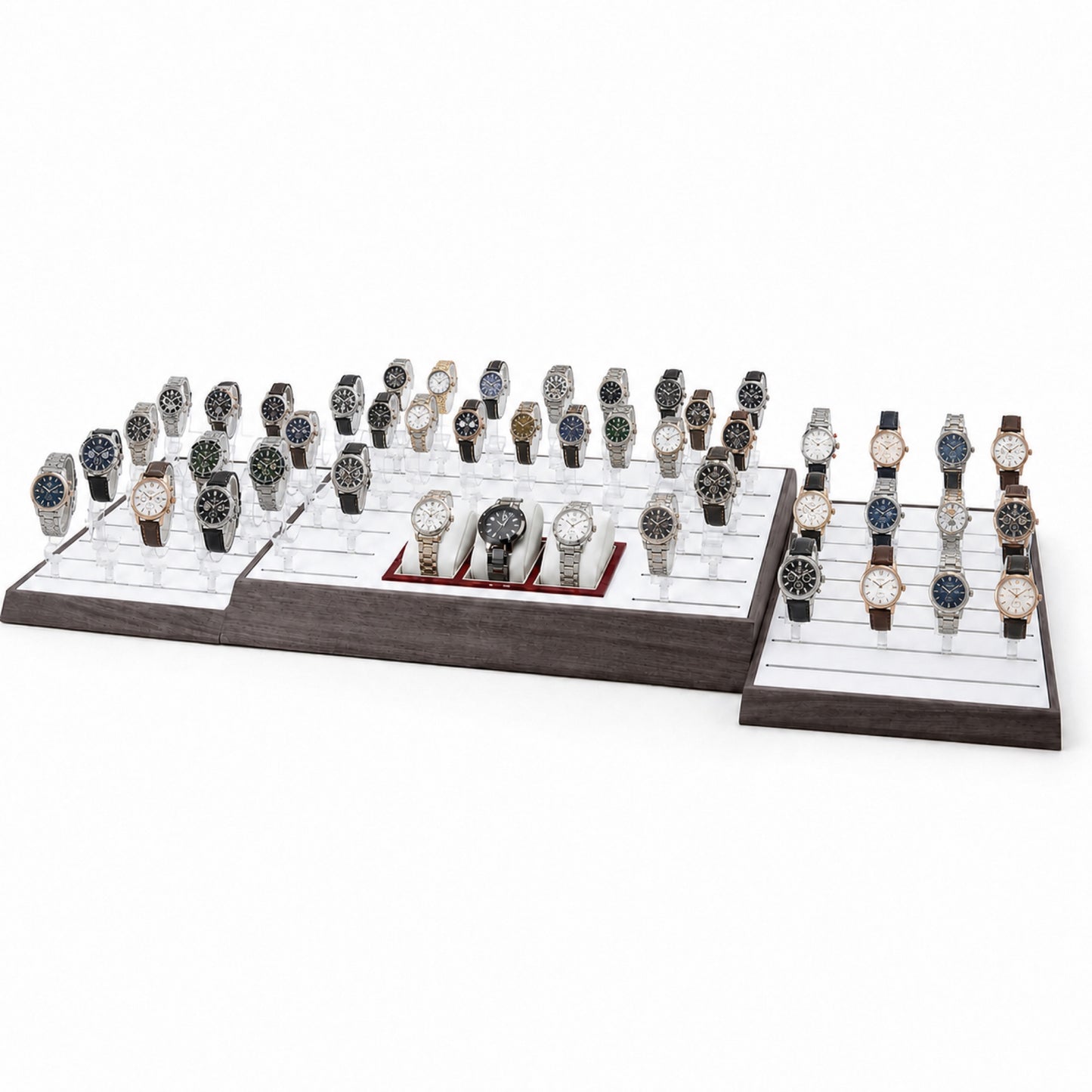 Custom Clear Acrylic Watch Tray Collection without the backboard, styled with watches and jewelry