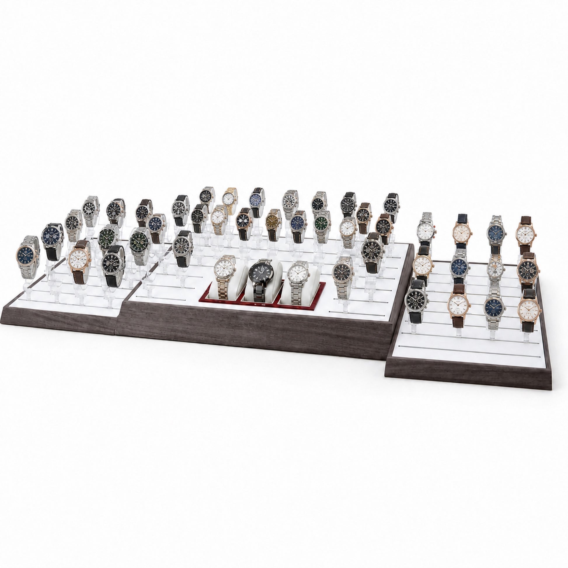 Custom Clear Acrylic Watch Tray Collection without the backboard, styled with watches and jewelry