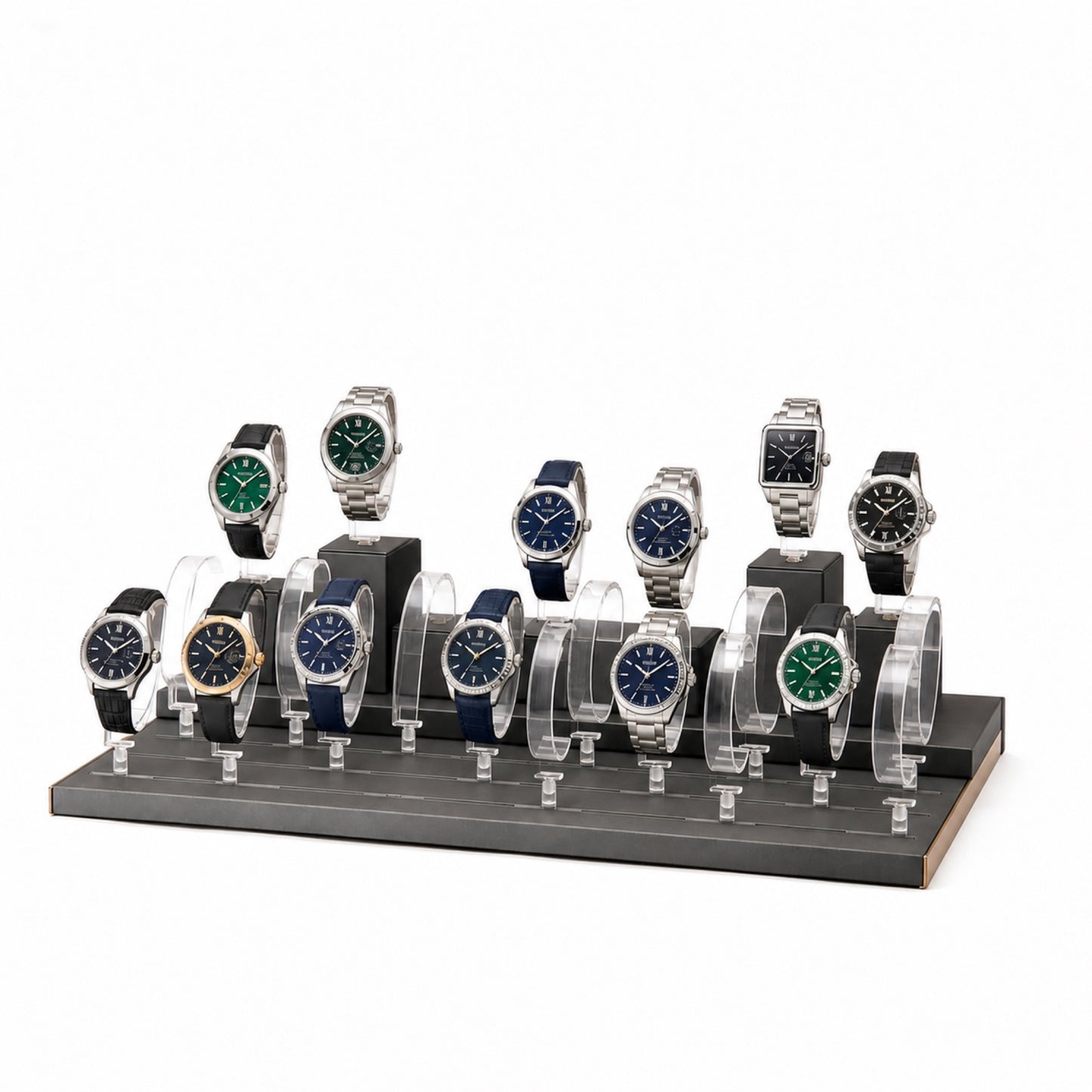 Custom Clear Multi-Row Watch Display Tray without the backboard, styled with watches and jewelry