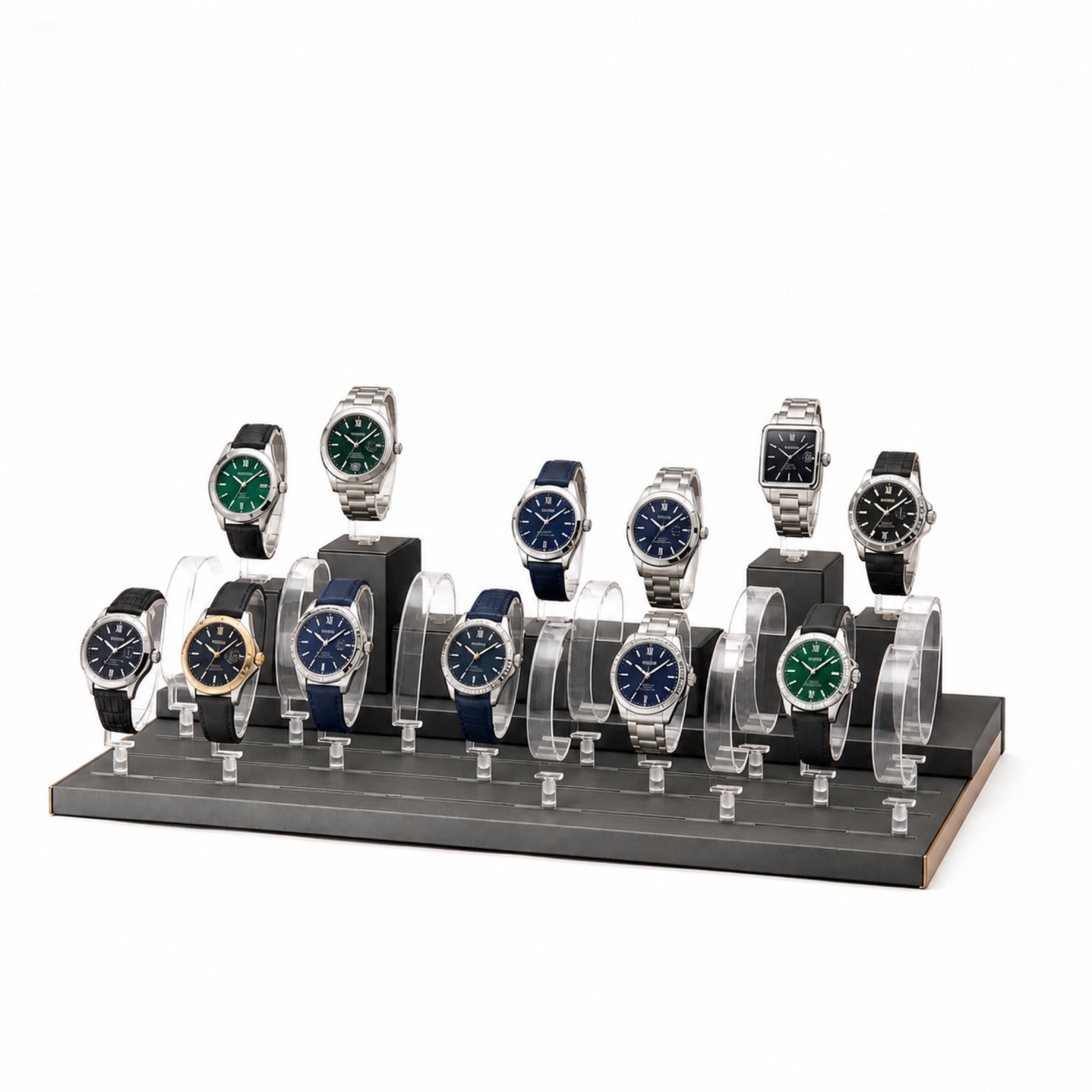 Custom Clear Multi-Row Watch Display Tray without the backboard, styled with watches and jewelry