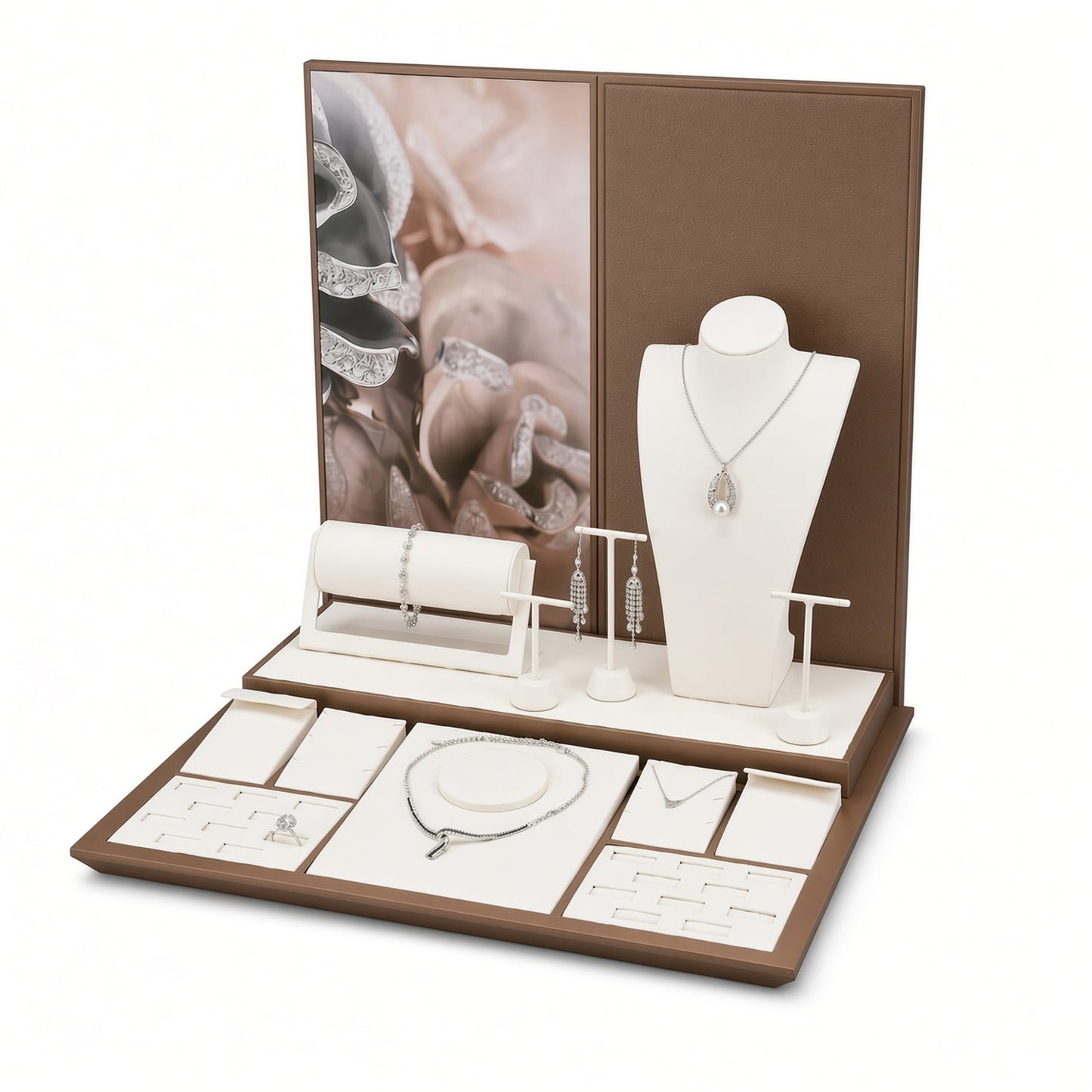 Custom Cream and Brown Jewelry Display Counter Set shown with the full backdrop and coordinated low tray system, elevated bust, bracelet roll, earring bars and ring slots for configuration review