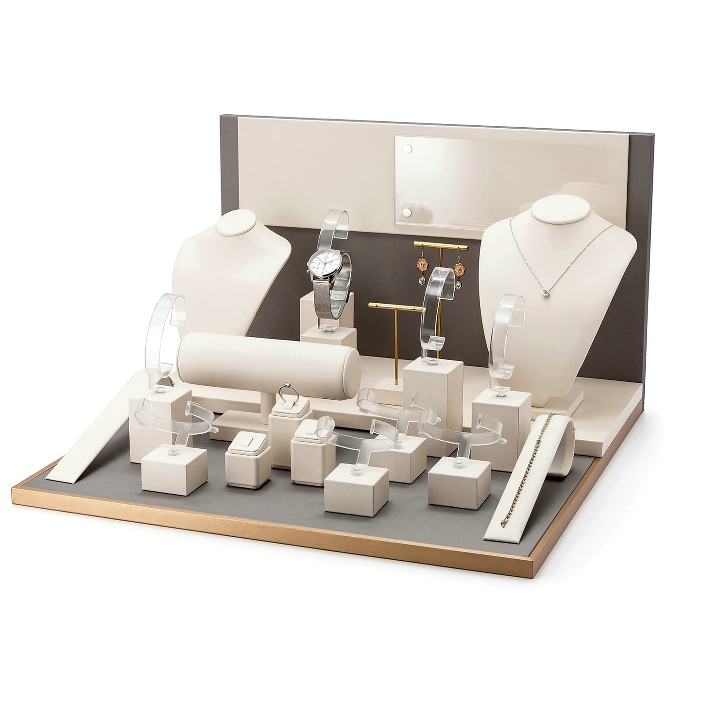 Custom Cream Gold Jewelry Showcase Display Set with the full backboard in cream, white and gold, showing the complete display configuration