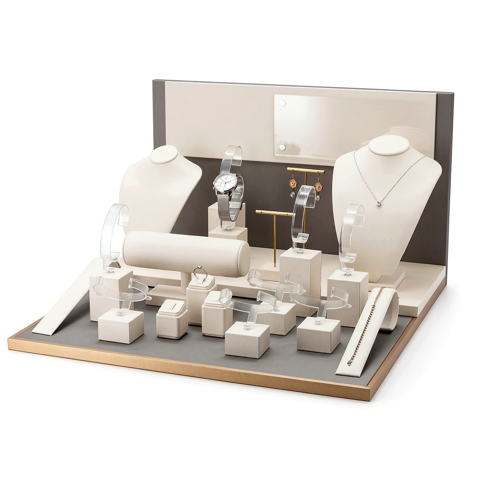Custom Cream Gold Jewelry Showcase Display Set with the full backboard in cream, white and gold, showing the complete display configuration