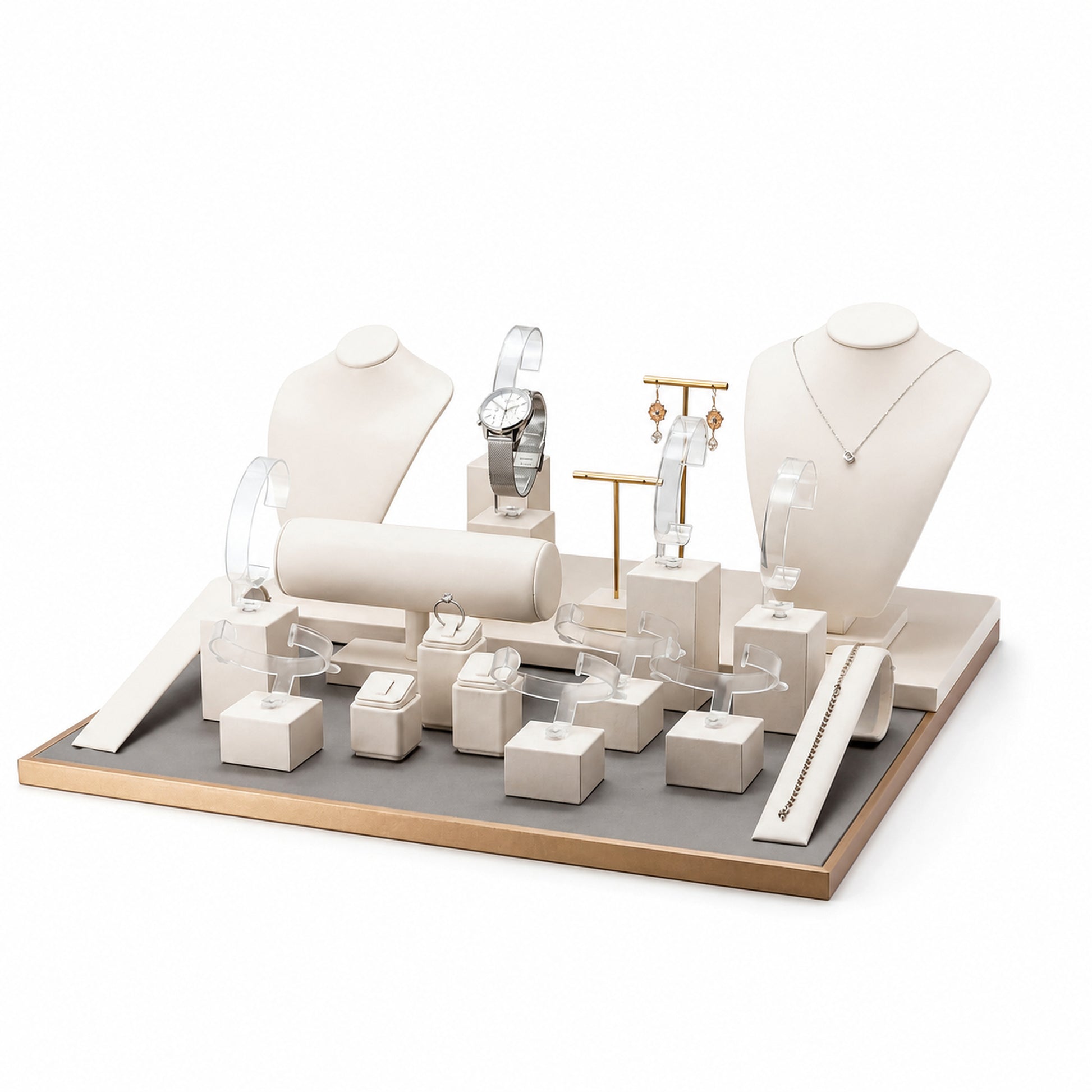 Custom Cream Gold Jewelry Showcase Display Set without the backboard, showing two necklace busts, bracelet roll, clear stands, earring T-bars and ring blocks for configuration review