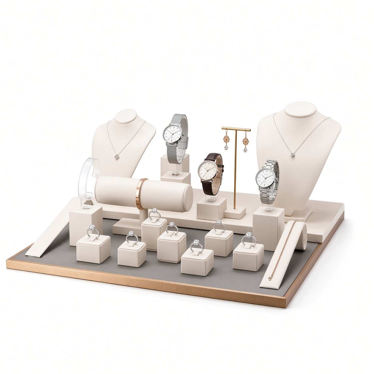 Custom Cream Gold Jewelry Showcase Display Set without the backboard, styled with jewelry and watches across the coordinated display pieces