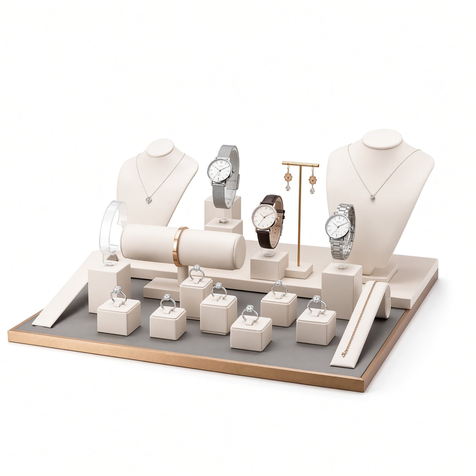 Custom Cream Gold Jewelry Showcase Display Set without the backboard, styled with jewelry and watches across the coordinated display pieces