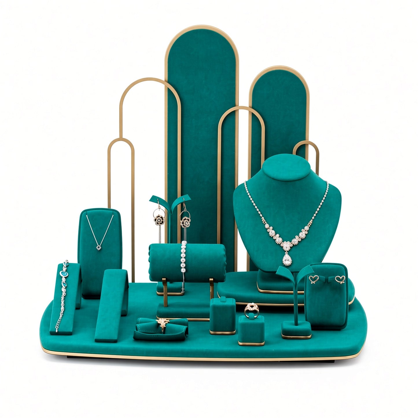 Custom Emerald Arch Showcase Jewelry Display Set shown with the full backdrop and coordinated arched panels, large bust, bracelet rolls, T-bars, ring blocks and rounded base for configuration review