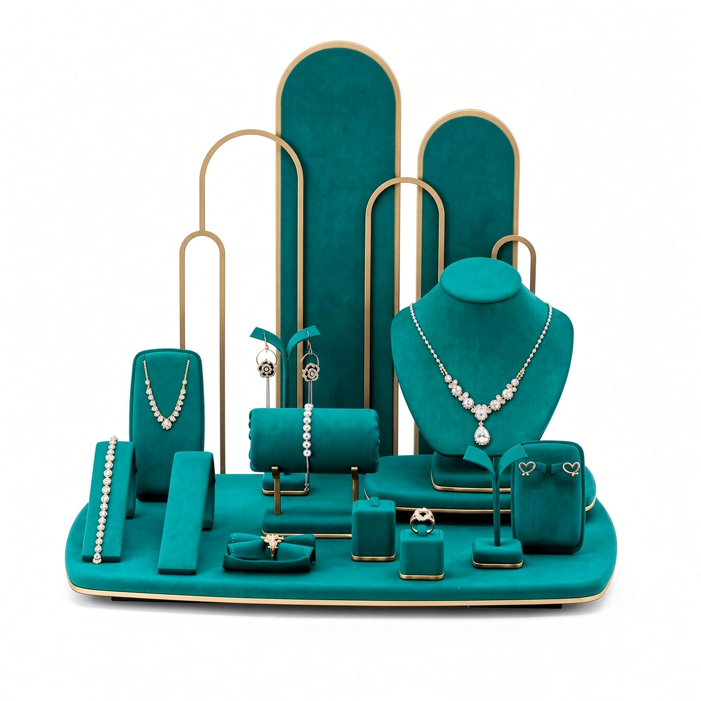 Custom Emerald Arch Showcase Jewelry Display Set with the full backdrop, styled with assorted necklaces, earrings, rings and bracelets