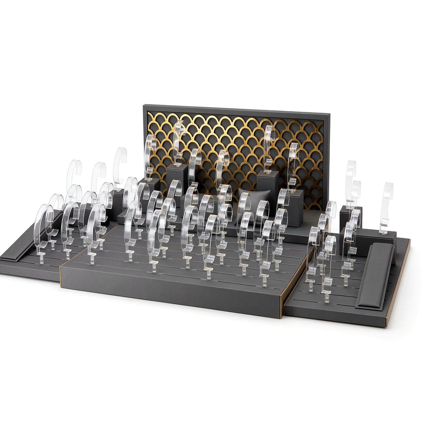 Custom Gray Clear Watch Counter Display Set with the full backboard for configuration review