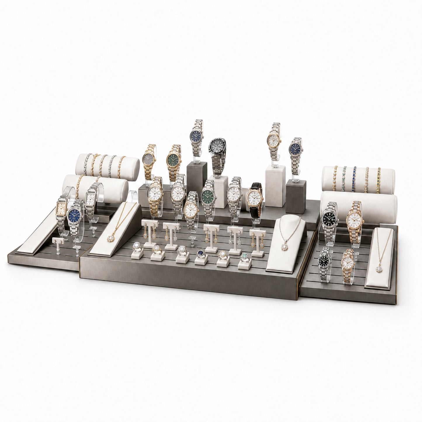 Custom Gray Clear Watch Counter Display Set without the backboard, styled with watches and jewelry