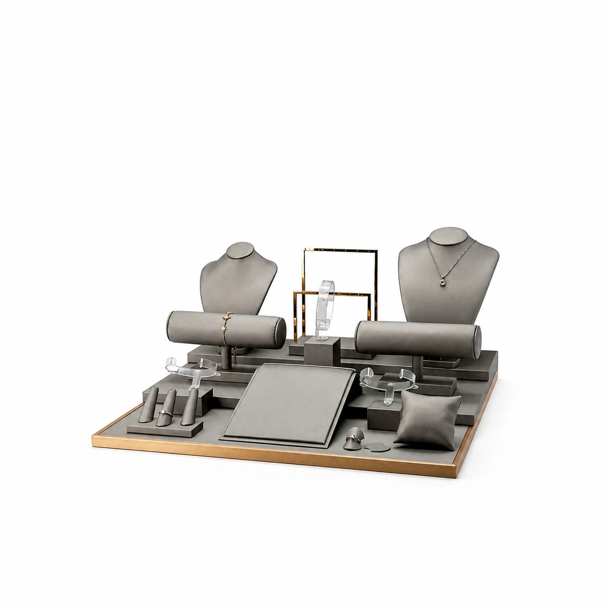 Custom Gray Countertop Jewelry Display Set without the backboard, showing two necklace busts, bracelet rolls, T-bars, angled trays and ring pads for configuration review