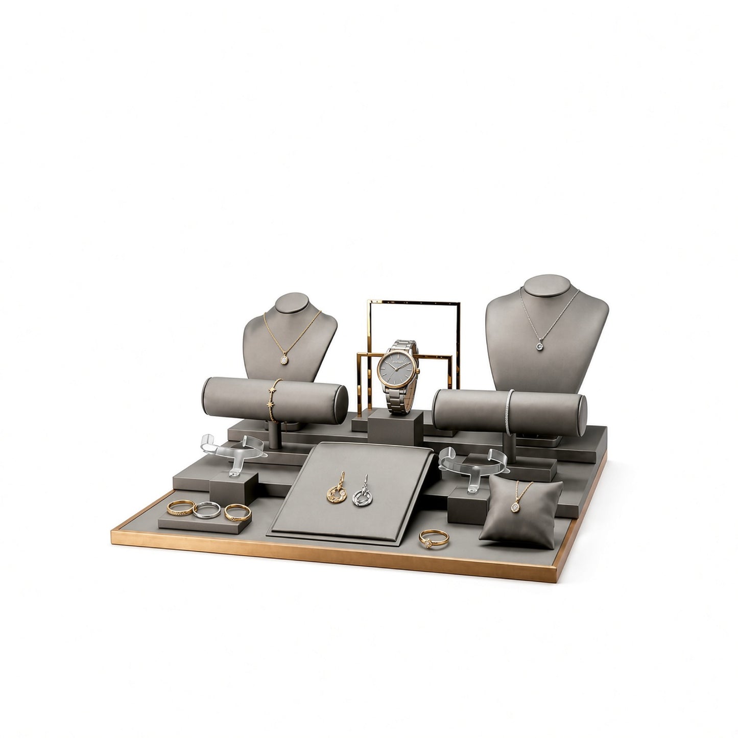 Custom Gray Countertop Jewelry Display Set without the backboard, styled with jewelry and a watch across the coordinated display pieces