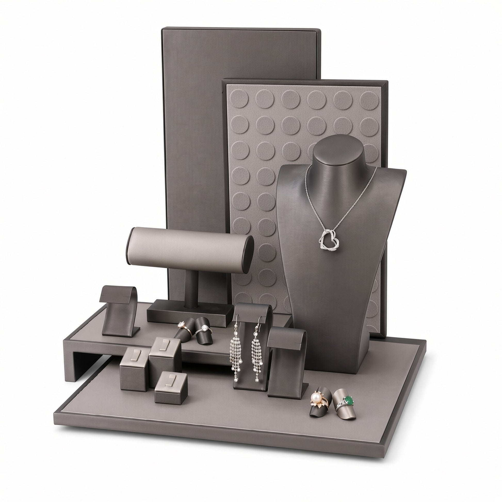Custom Gray Elevated-Bridge Jewelry Display Props Set shown with the full backdrop and coordinated raised bridge shelf, necklace bust, bracelet bar, earring holders and ring blocks for configuration review