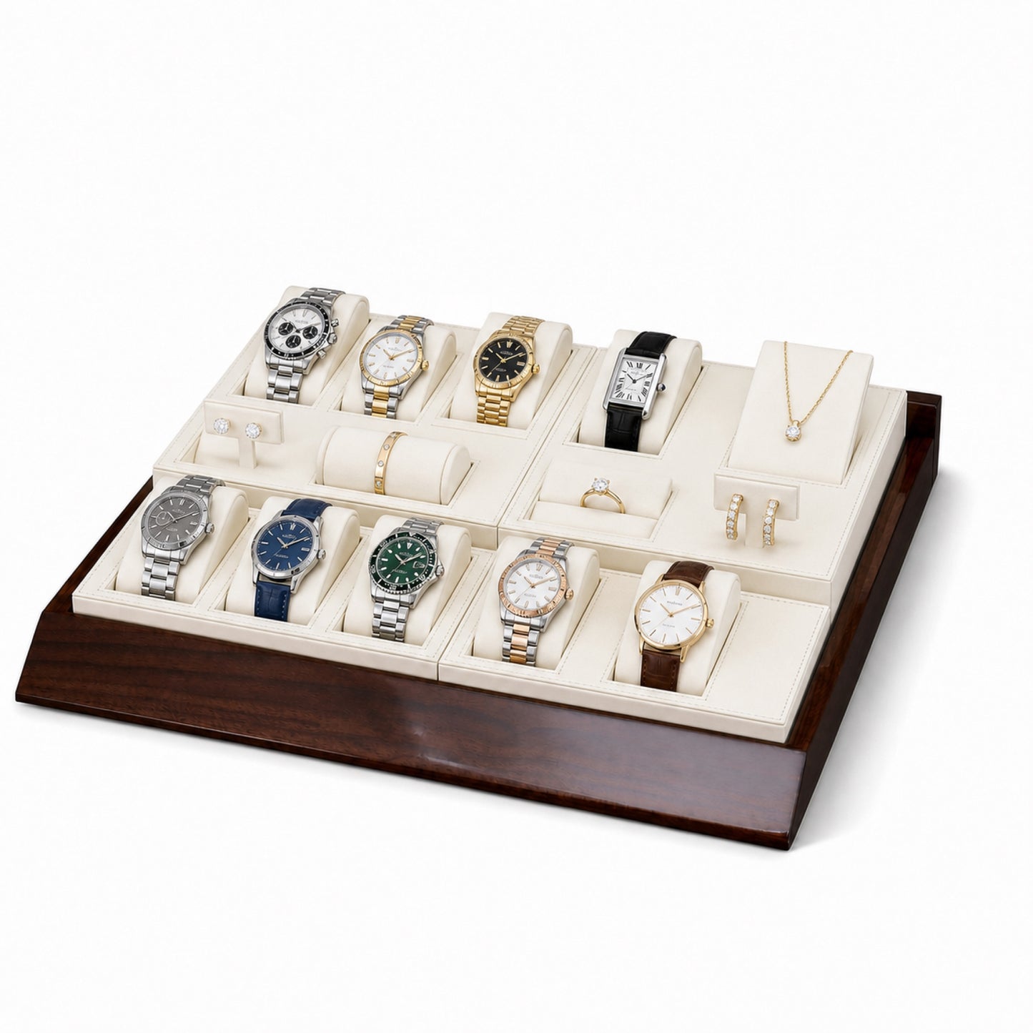 Custom Gray Modular Watch Bracelet Display Tray without the backboard, styled with watches and jewelry