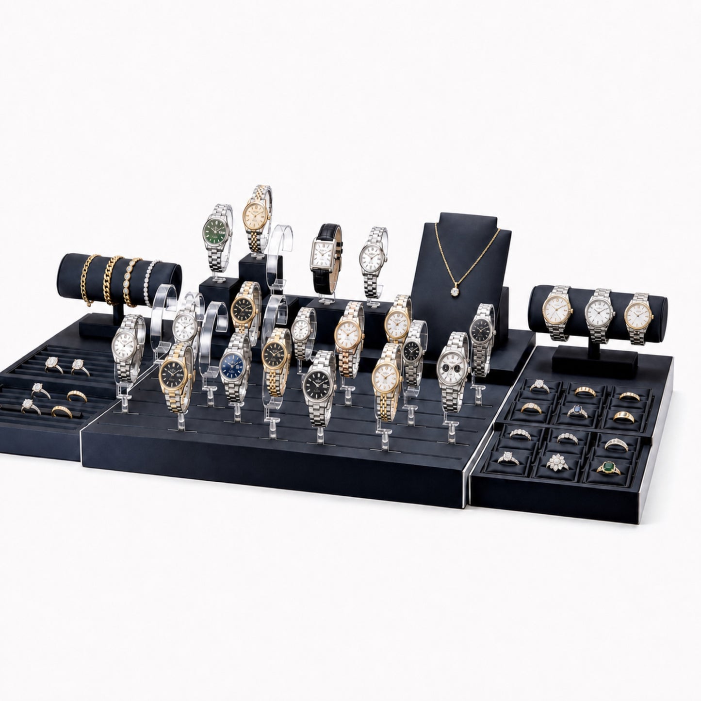 Custom Gray Modular Watch Tray and Holder Set without the backboard, styled with watches and jewelry