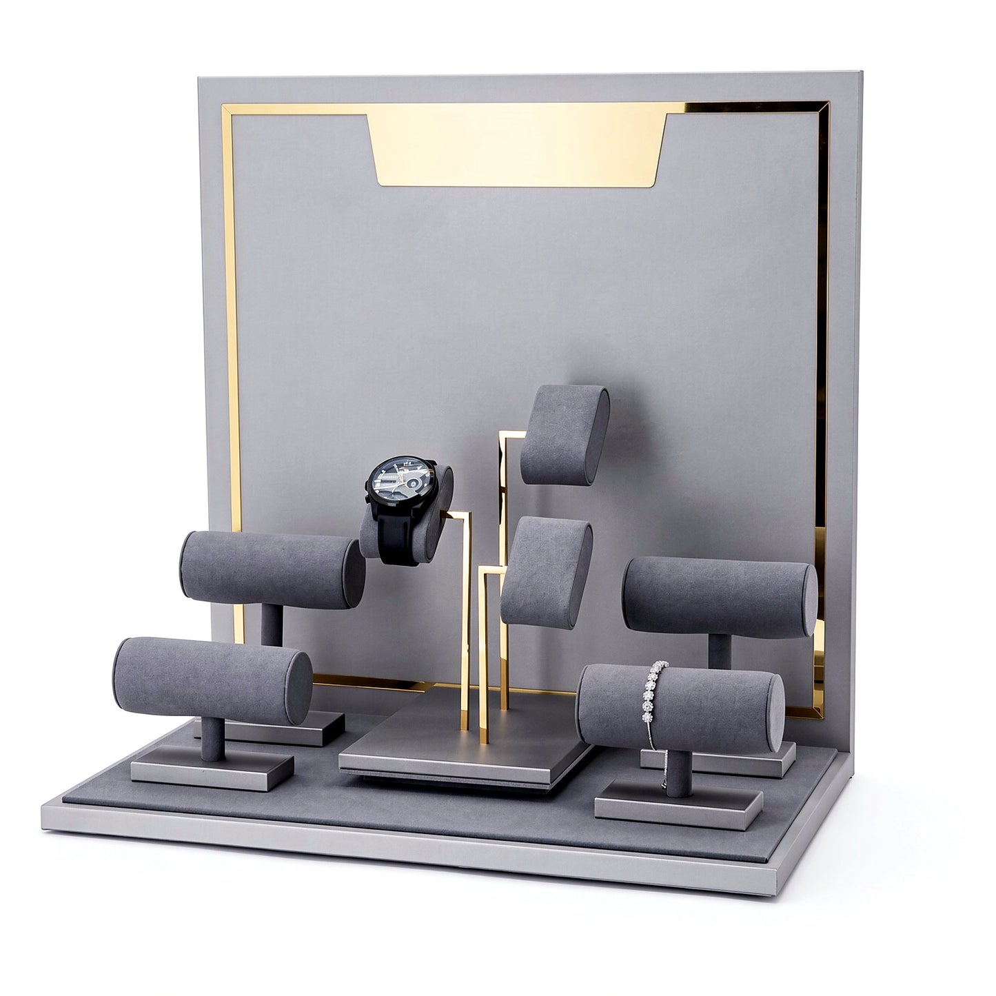 Custom Gray T-Bar Watch Bracelet Display Set with the full backboard for configuration review