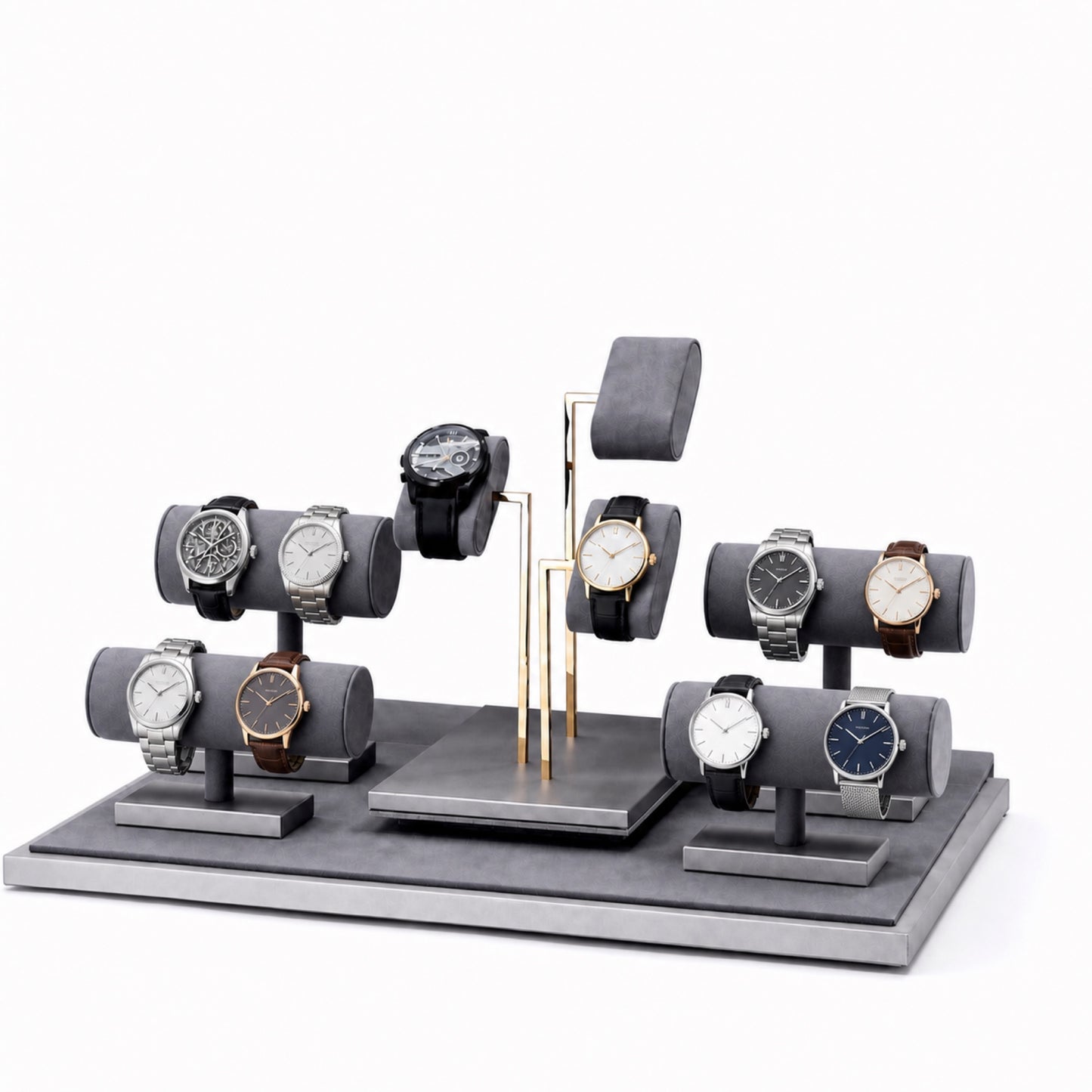 Custom Gray T-Bar Watch Bracelet Display Set without the backboard, styled with watches and jewelry