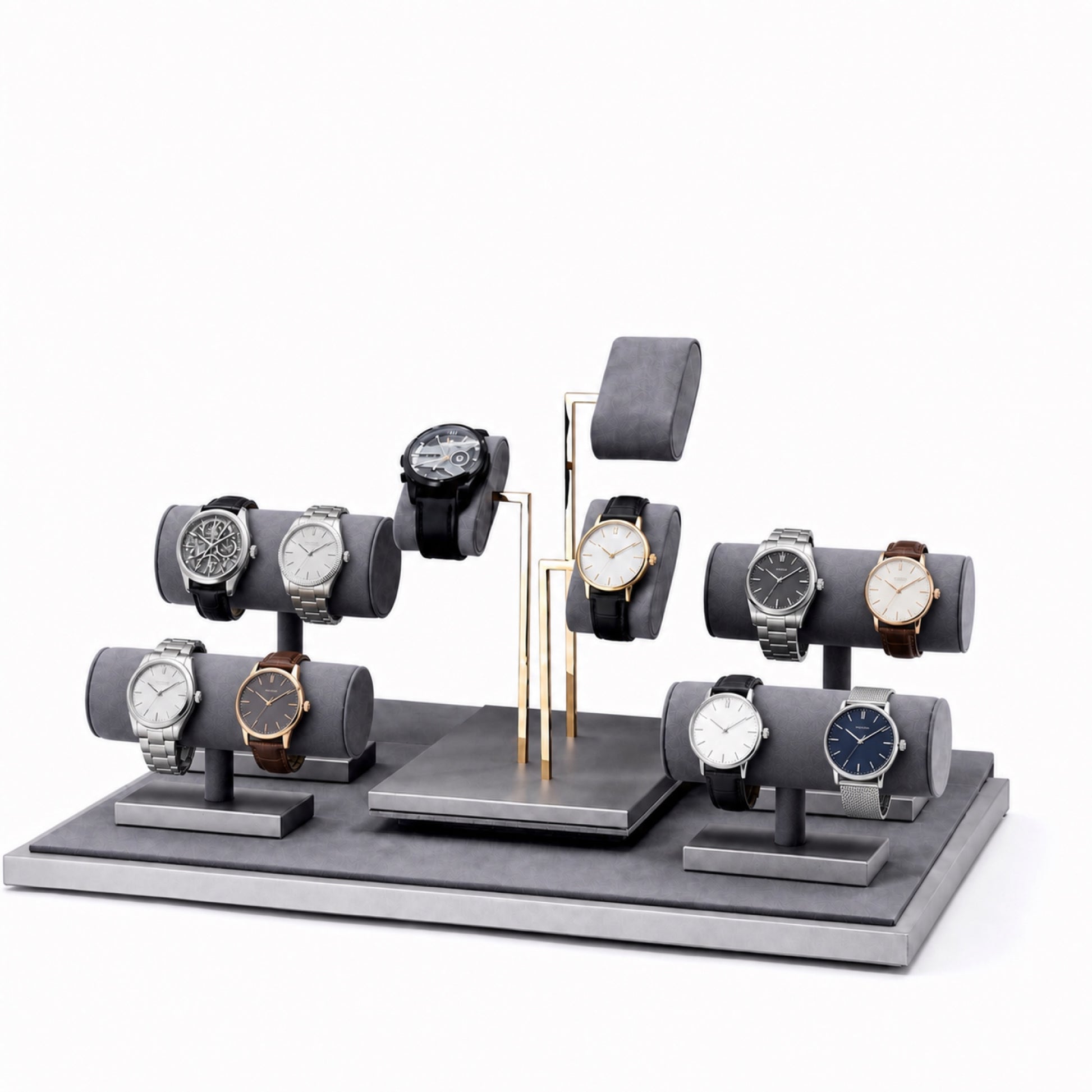 Custom Gray T-Bar Watch Bracelet Display Set without the backboard, styled with watches and jewelry