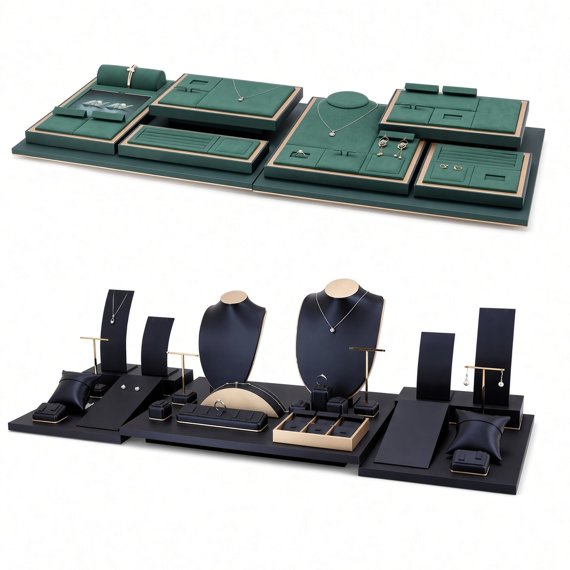 Custom Green and Black Modular Jewelry Display Tray System shown with the full backdrop and coordinated paired low-profile tray layouts with necklace, earring, ring and bracelet presentation zones for configuration review