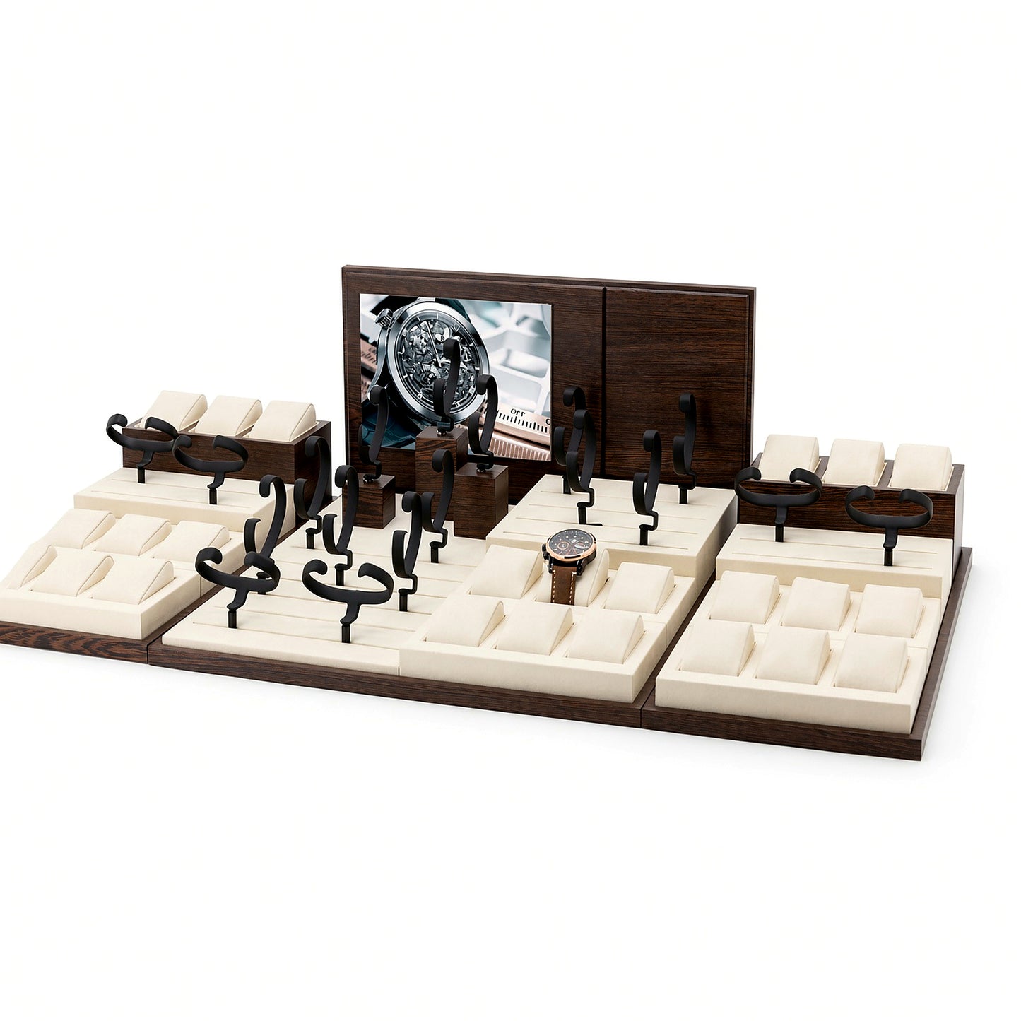 Custom Ivory Black Hook Watch Display Tray with the full backboard for configuration review