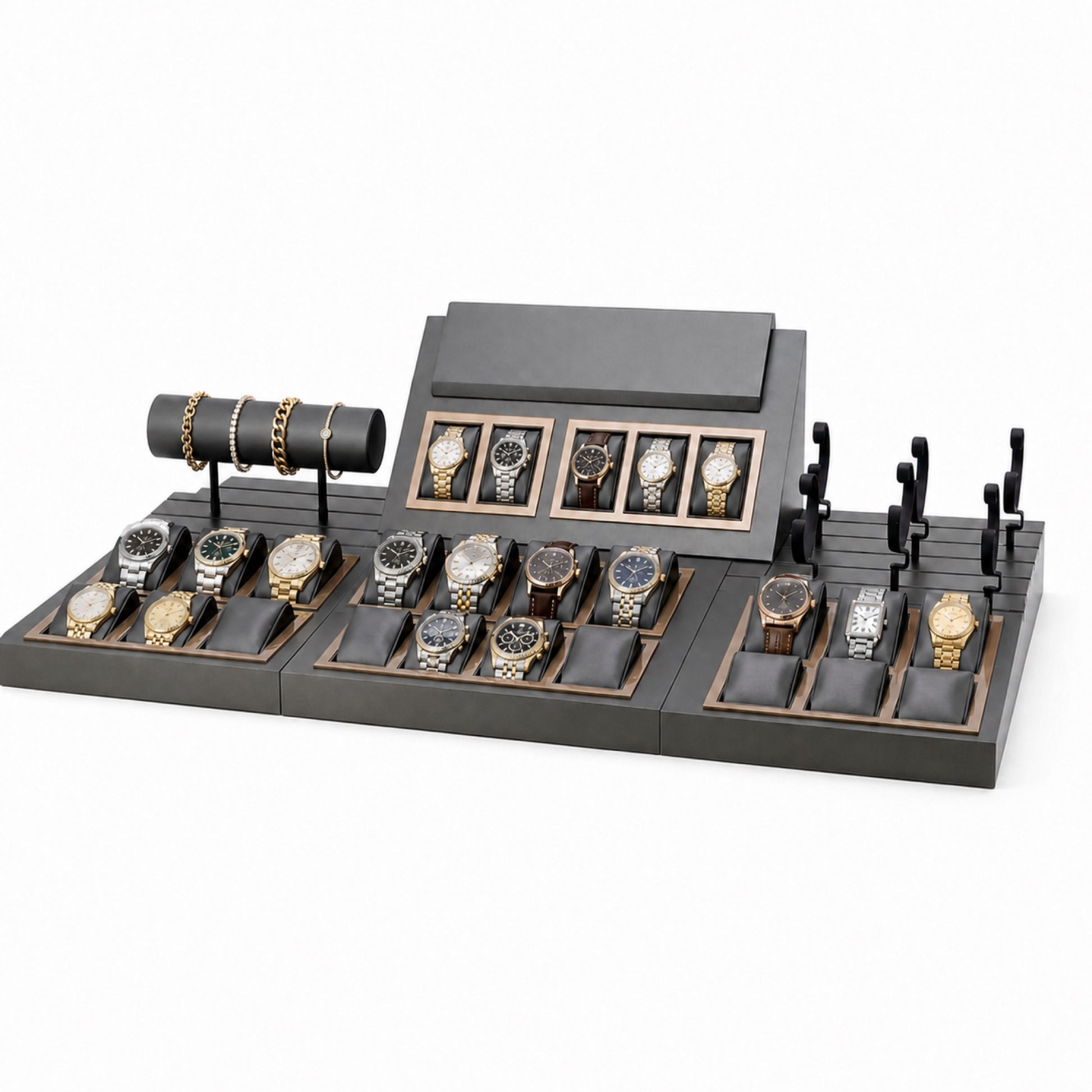 Custom Ivory Black Hook Watch Display Tray without the backboard, styled with watches and jewelry
