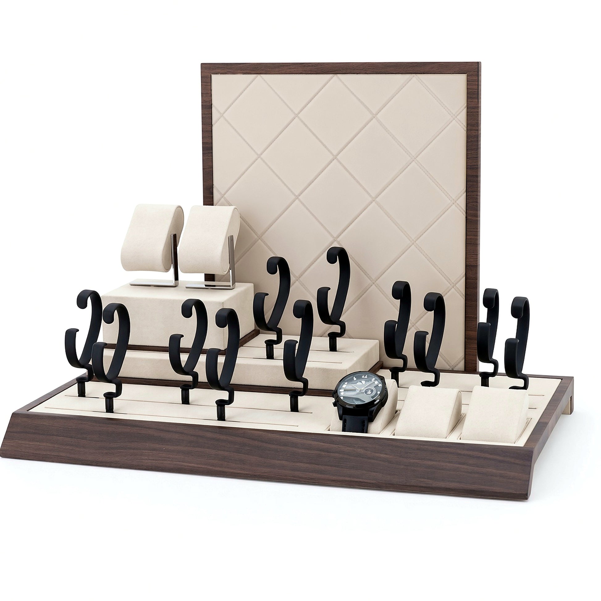 Custom Ivory Black Watch Display Tray System with the full backboard for configuration review