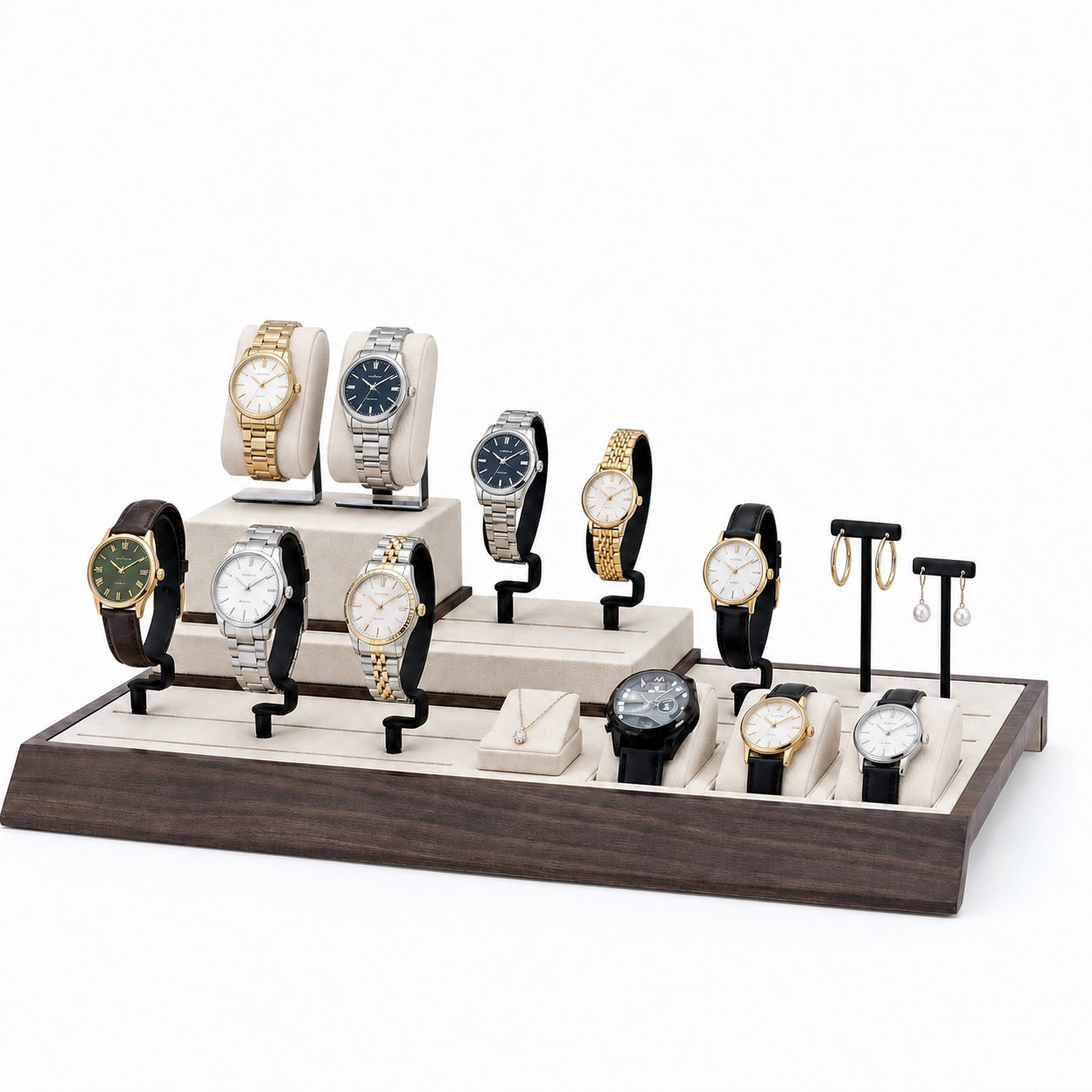 Custom Ivory Black Watch Display Tray System without the backboard, styled with watches and jewelry